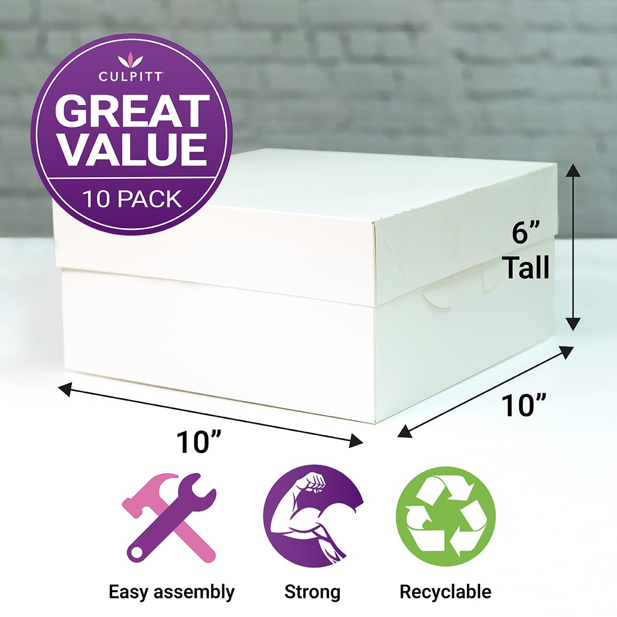 Culpitt 10 Pack White Cake Boxes with Glued Lid, 10 Inch Square, 254 x 254 x 152mm 2