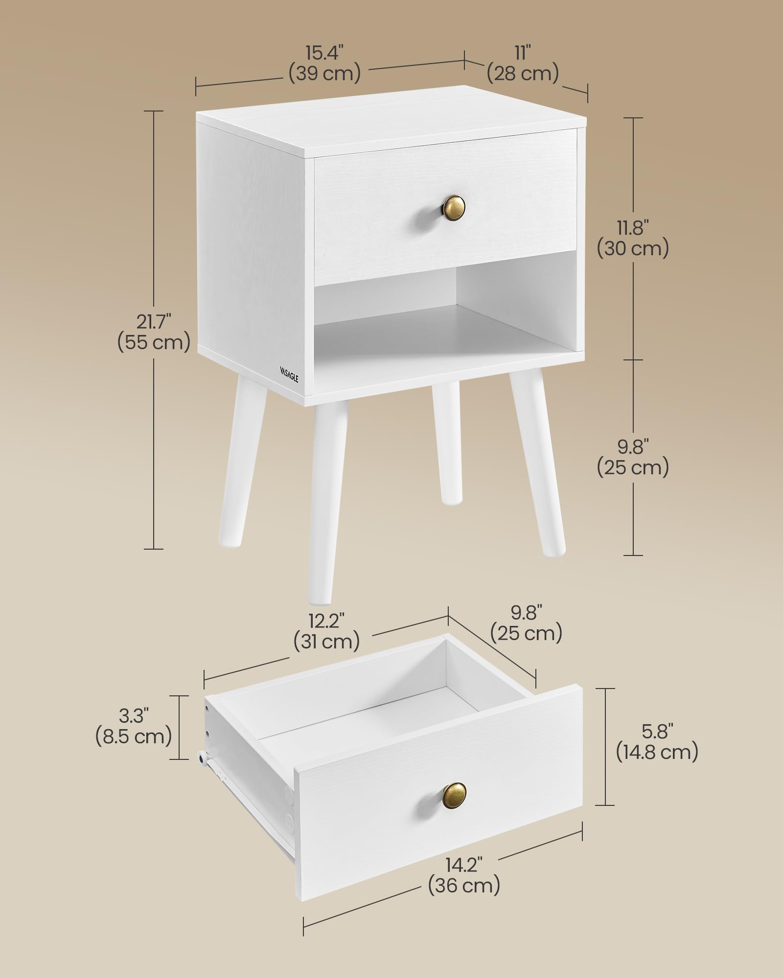 VASAGLE Bedside Table - Cloud White | Storage Drawer & Open Shelf | 28 x 39 x 55 cm 3