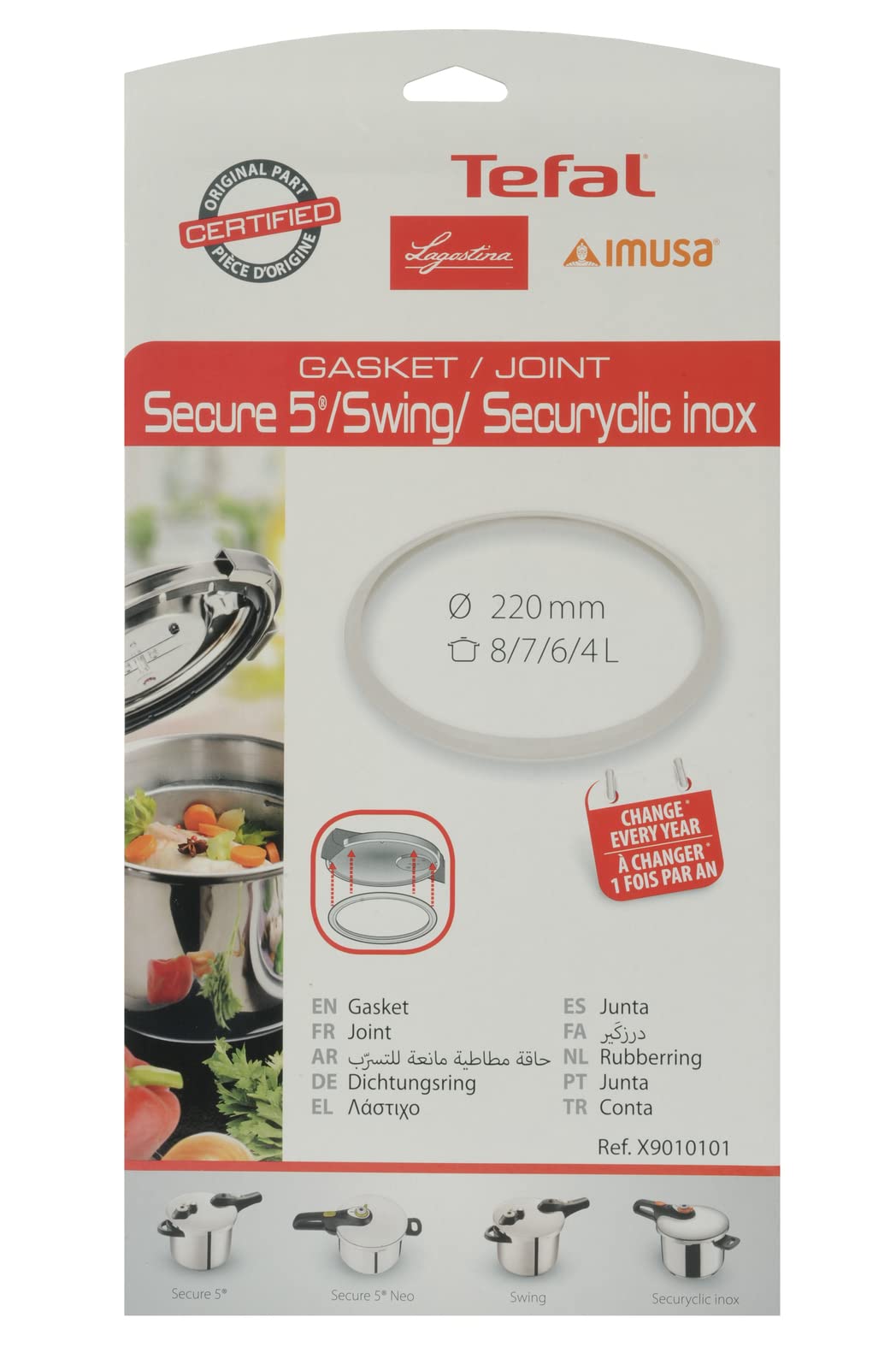 Tefal Secure 5 Sealing Ring X9010101 - Replacement Gasket for 4, 6, 7, & 8L Pressure Cookers | Stainless Steel 5