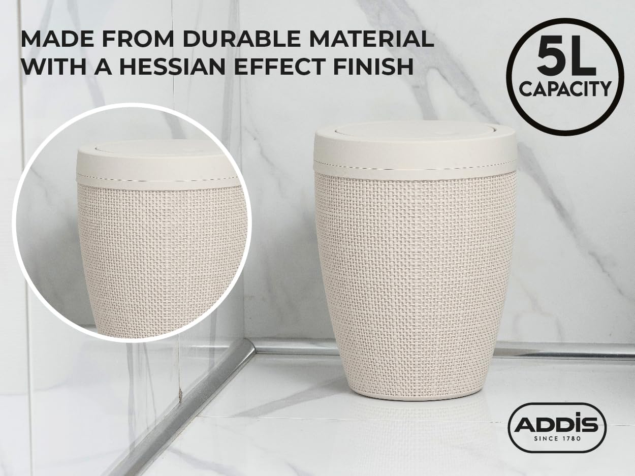 Addis Faux Hessian Round Swing Lid Bathroom Bin | 5 Litre Capacity | White Plastic 7