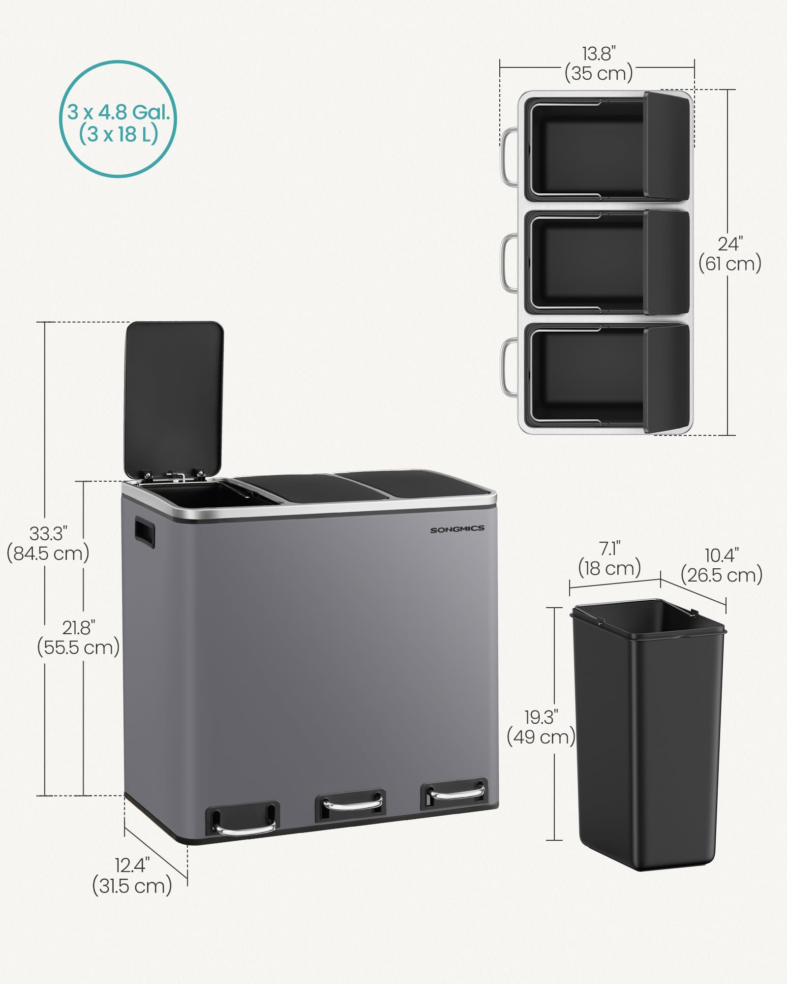 SONGMICS Kitchen Bin - 3 x 18 L Recycling Bin | Steel, Matte Grey | Soft-Close Lids 3