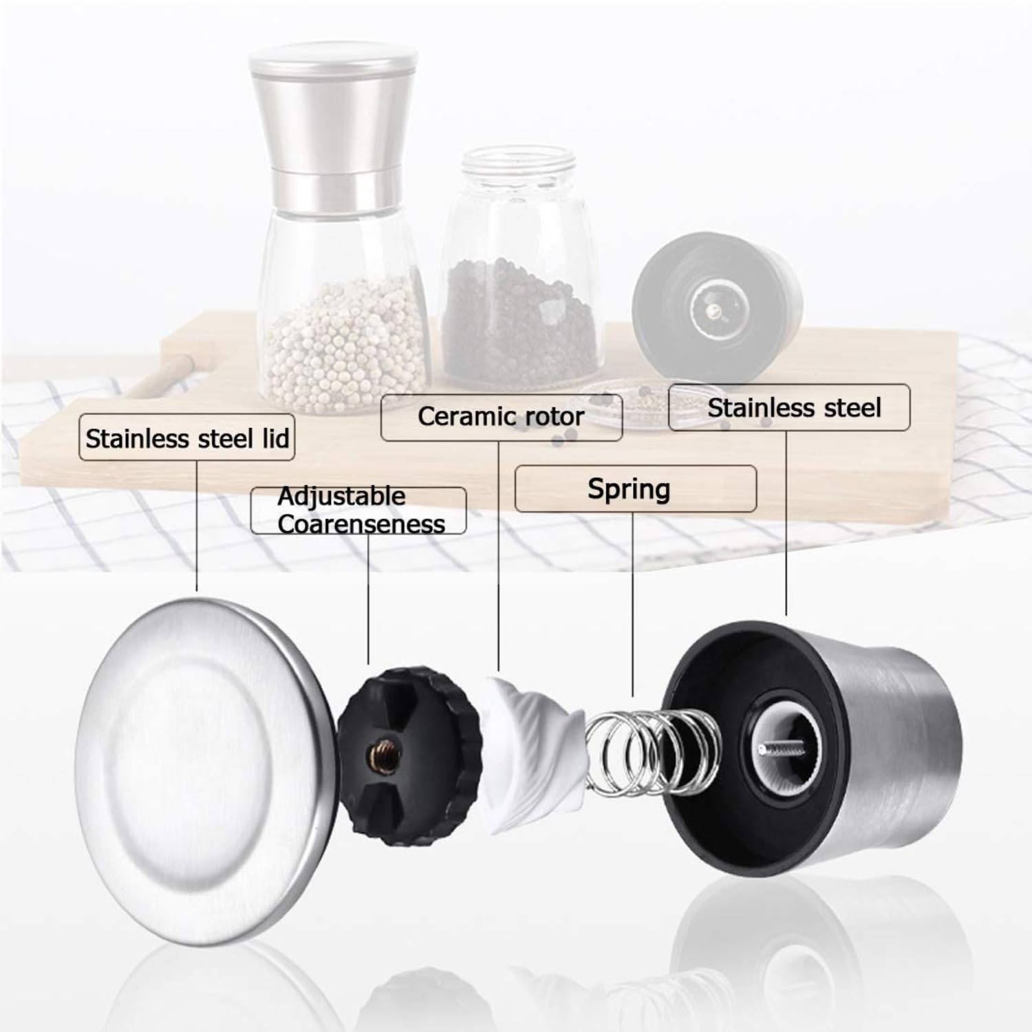 REQUISITE NEEDS Salt & Pepper Grinder Mill Set - Brushed Stainless Steel Finish | Adjustable Coarseness | 2 Mills 4