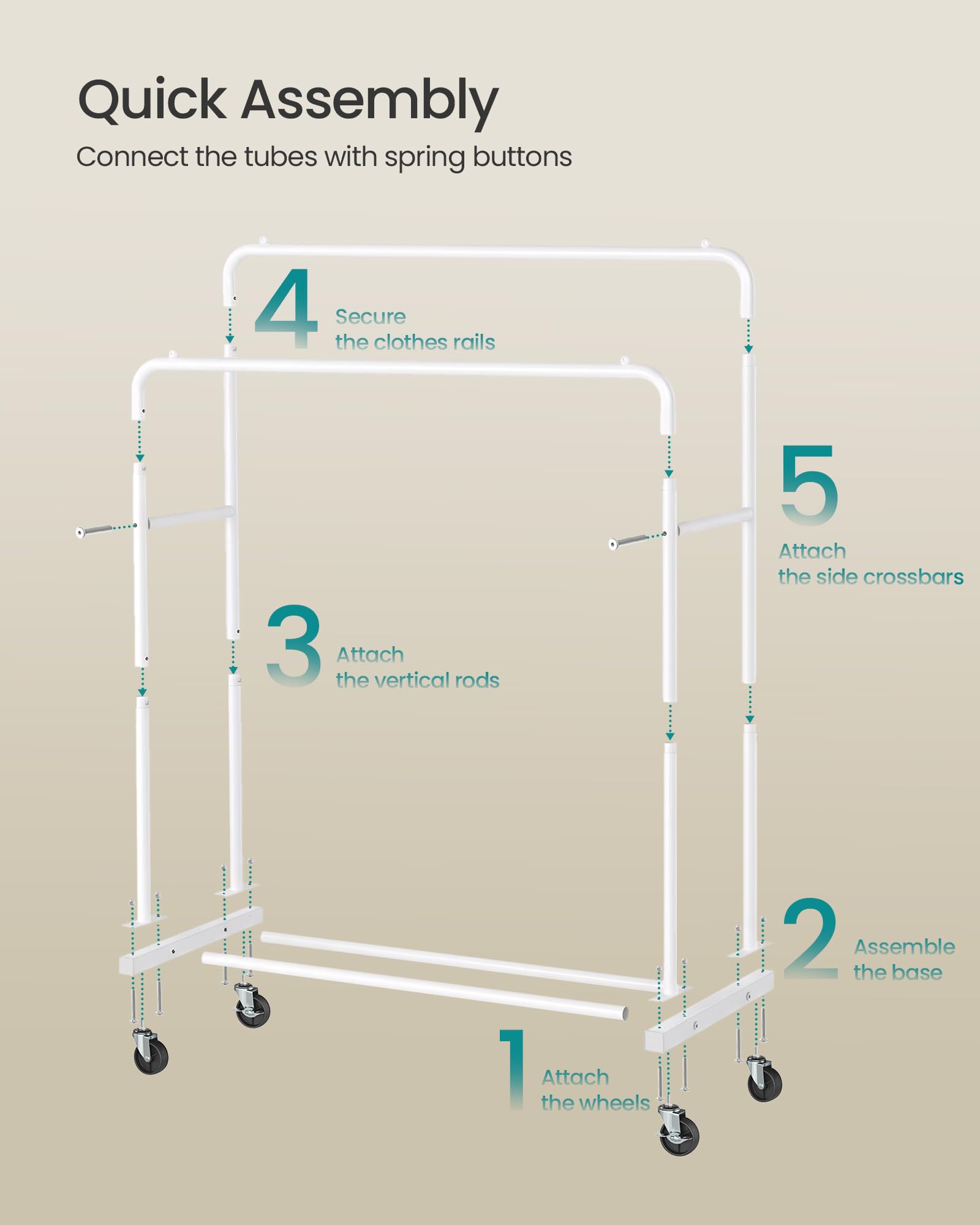 SONGMICS Clothes Rack on Wheels - Heavy Duty Steel, 90 kg Capacity | Matte White 6