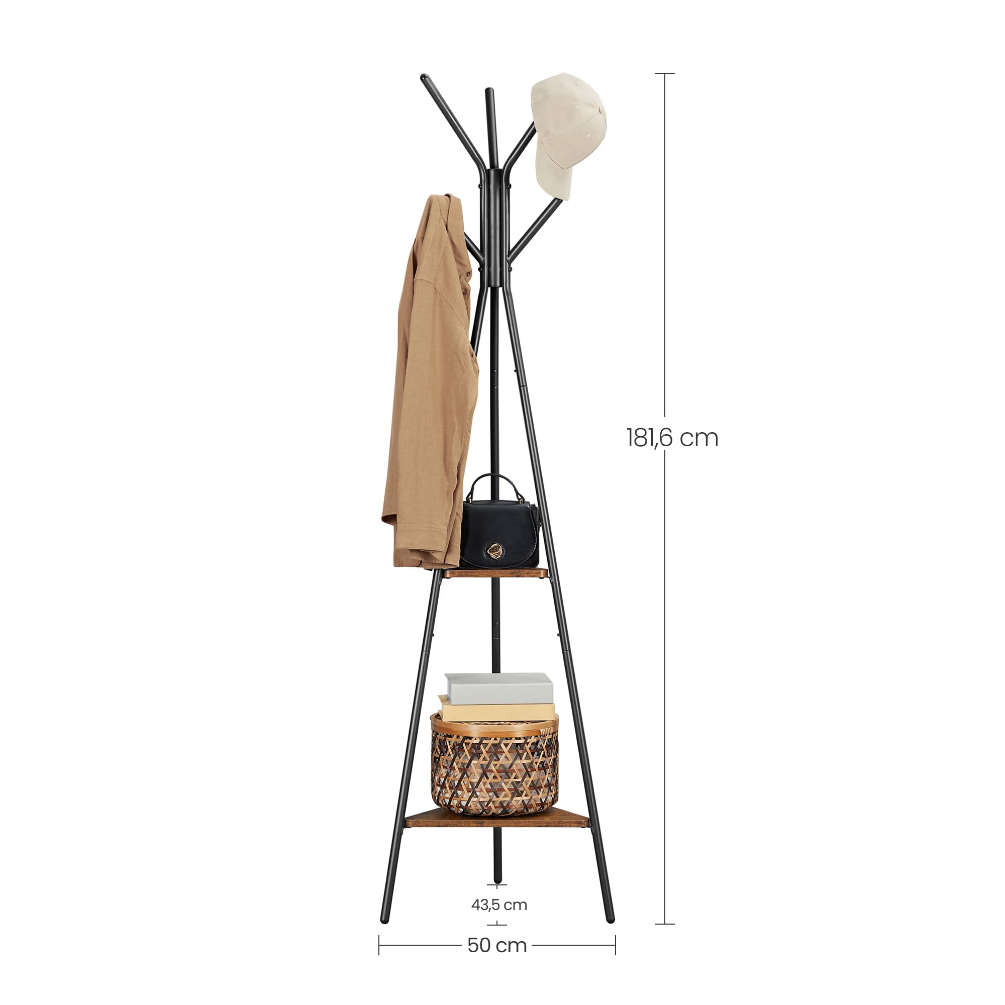VASAGLE Industrial Style Coat Rack with 6 Hooks and 2 Rustic Shelves | Rustic Brown/Black 6