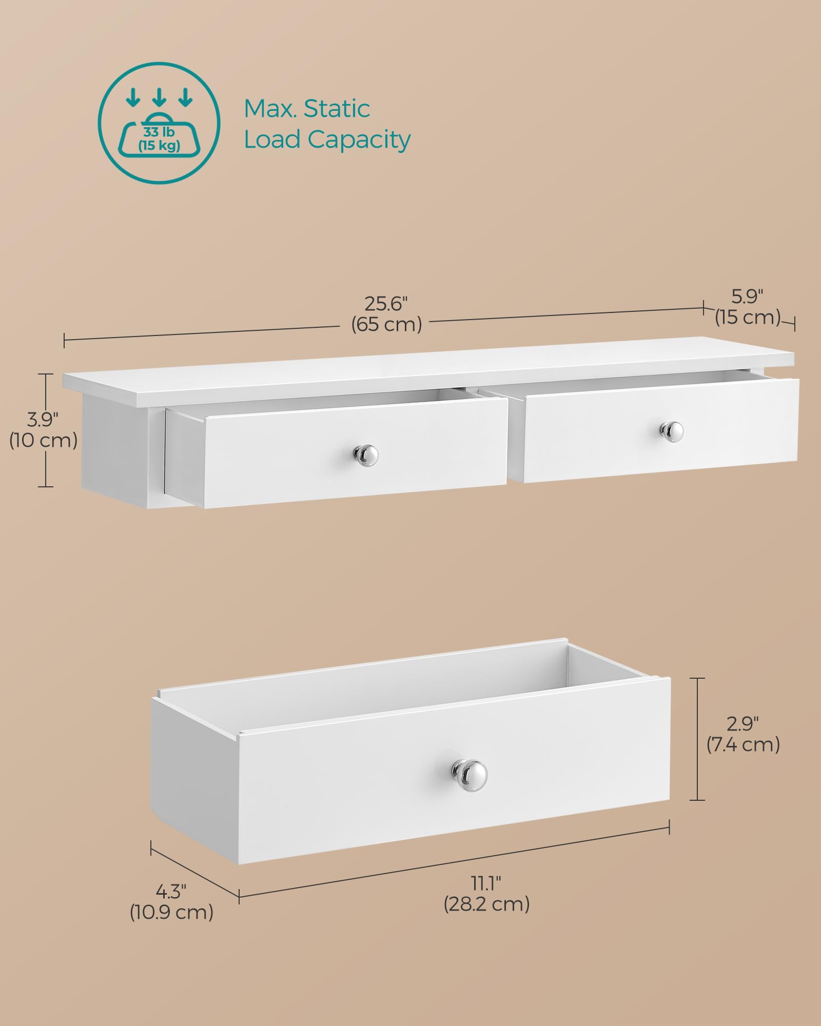 SONGMICS Floating Wall Shelf with 2 Drawers | White Engineered Wood | 65 x 15 x 10 cm | 15 kg Capacity 3