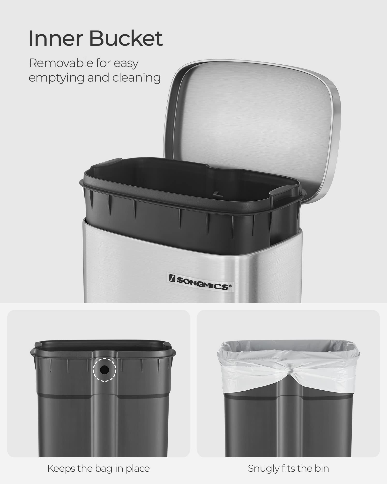 SONGMICS 30L Kitchen Bin - Soft-Close Pedal Bin with Inner Bucket | Steel, Silver LTB03NL 5