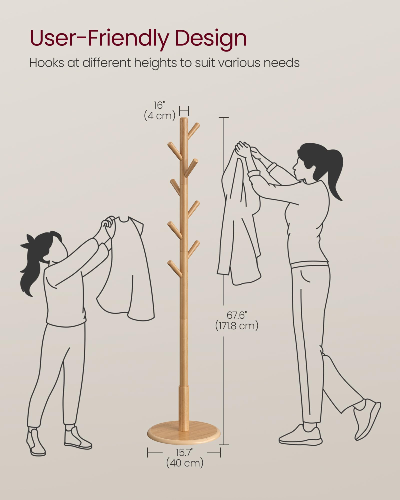 VASAGLE Solid Wood Coat Rack - Freestanding Hall Tree | 40Dia x 171.8H cm | 40 kg Capacity 5
