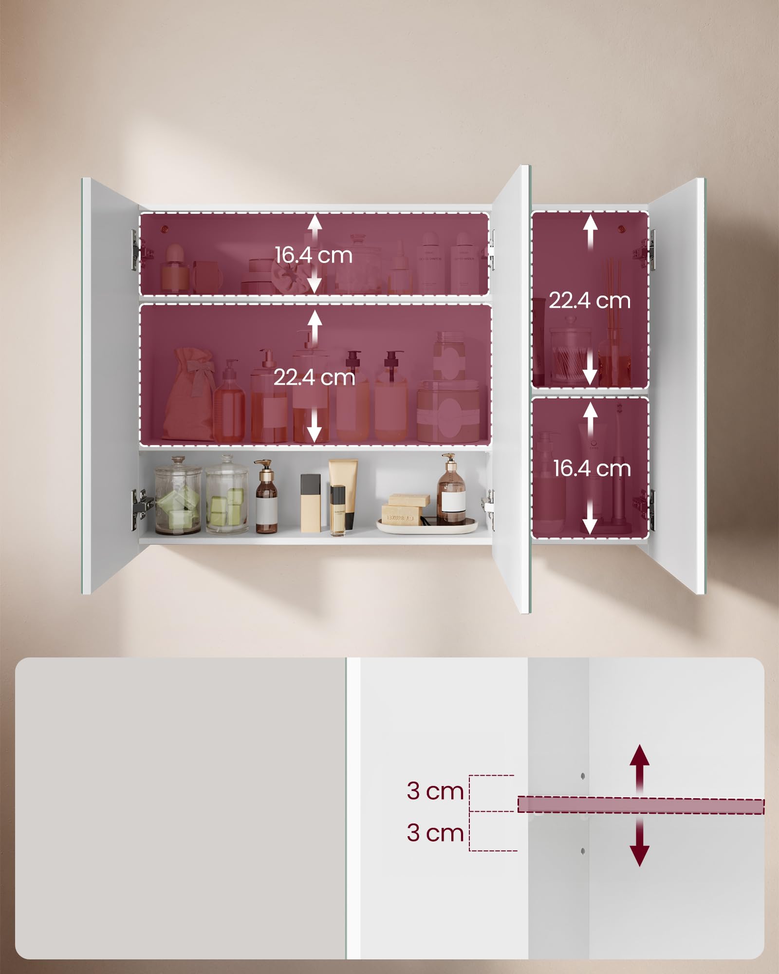 VASAGLE KAILYN Wall Cabinet with Mirror - 3-Door Storage Unit | White | 90W cm 6