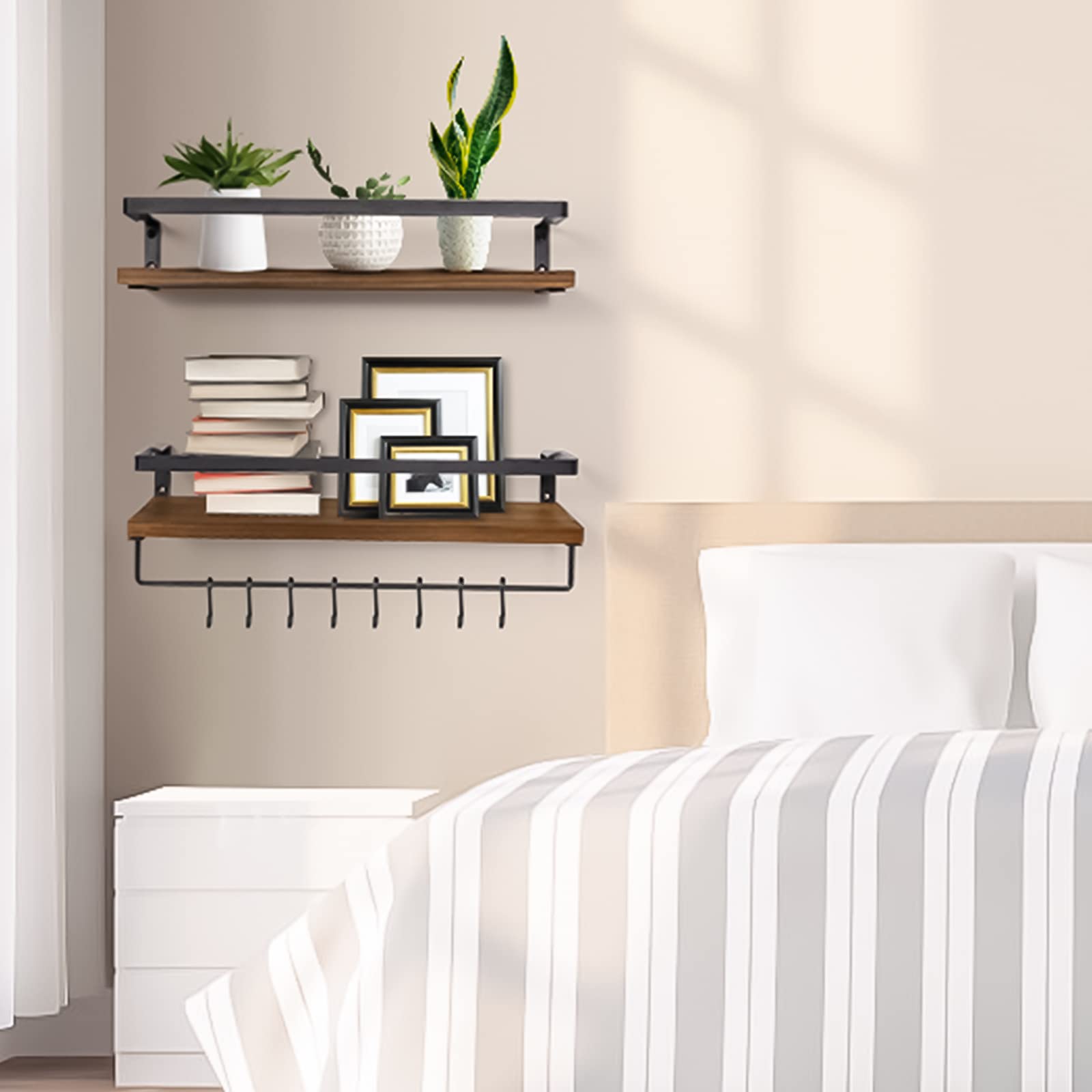 AGM Floating Shelves Wall Mounted Set of 2 Wooden Shelves Rustic Brown w/ Hooks & Towel Bar