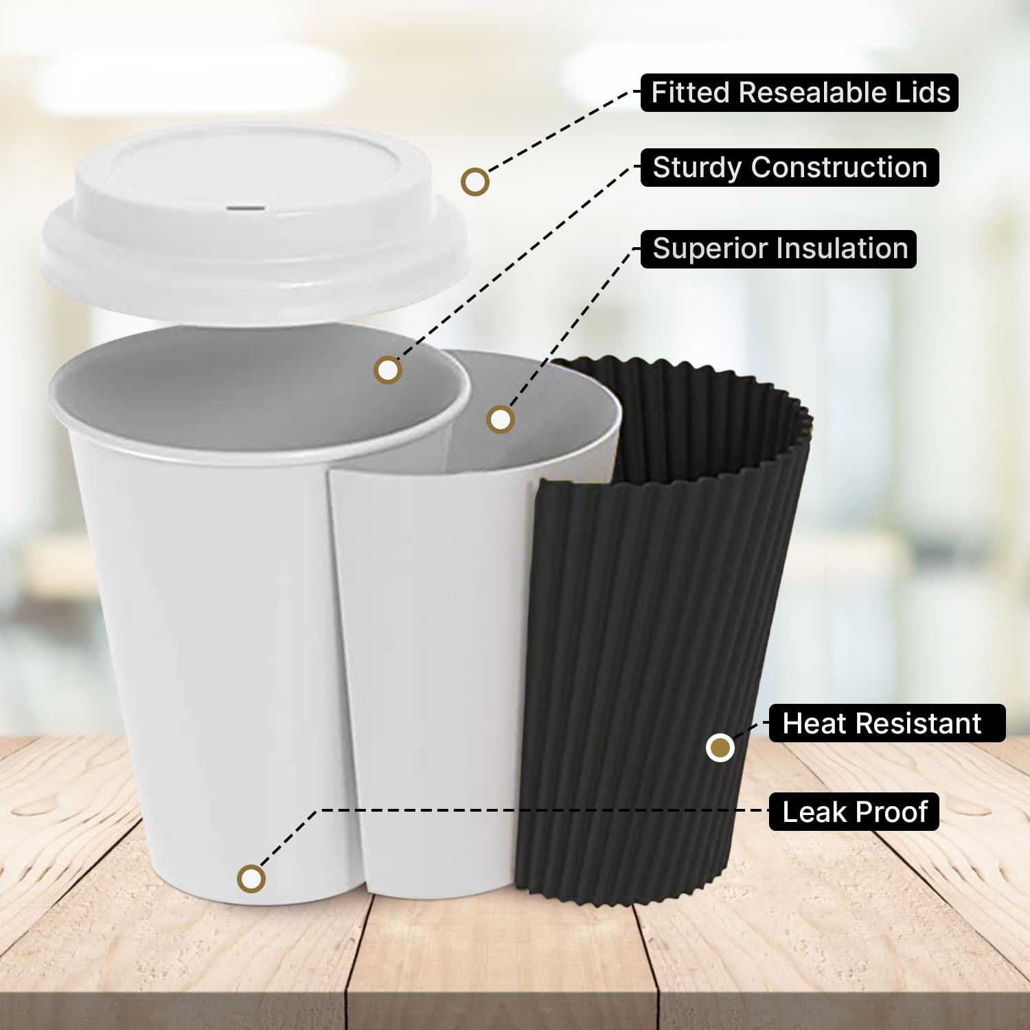 Zuvo Triple Wall Insulated Coffee Cups with Lids - 50 Pack, 12 Oz, Black Kraft Paper 6