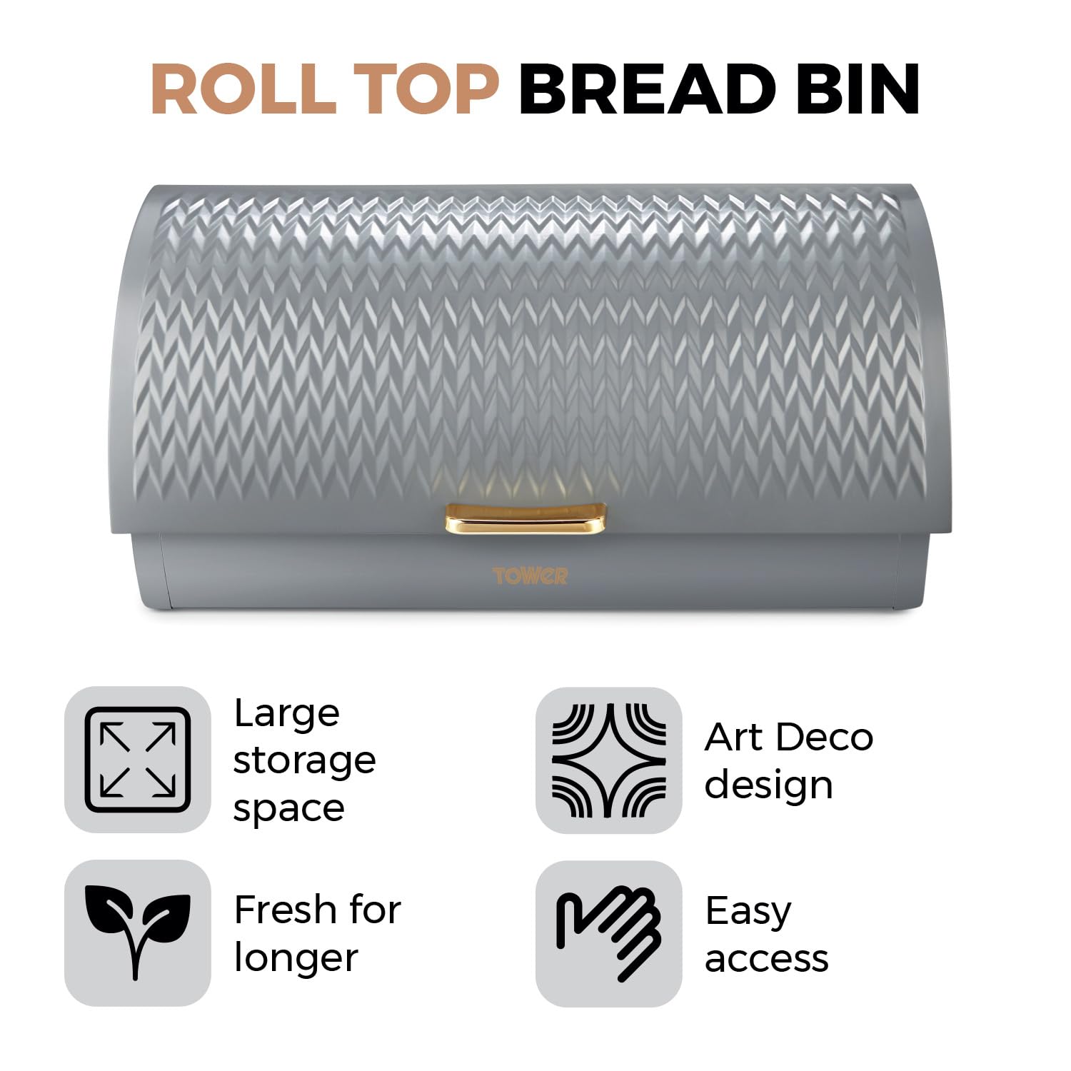 Tower T826090GRY Empire Roll Top Bread Bin - Stainless Steel, Grey/Brass | Large Capacity | Ventilated 2