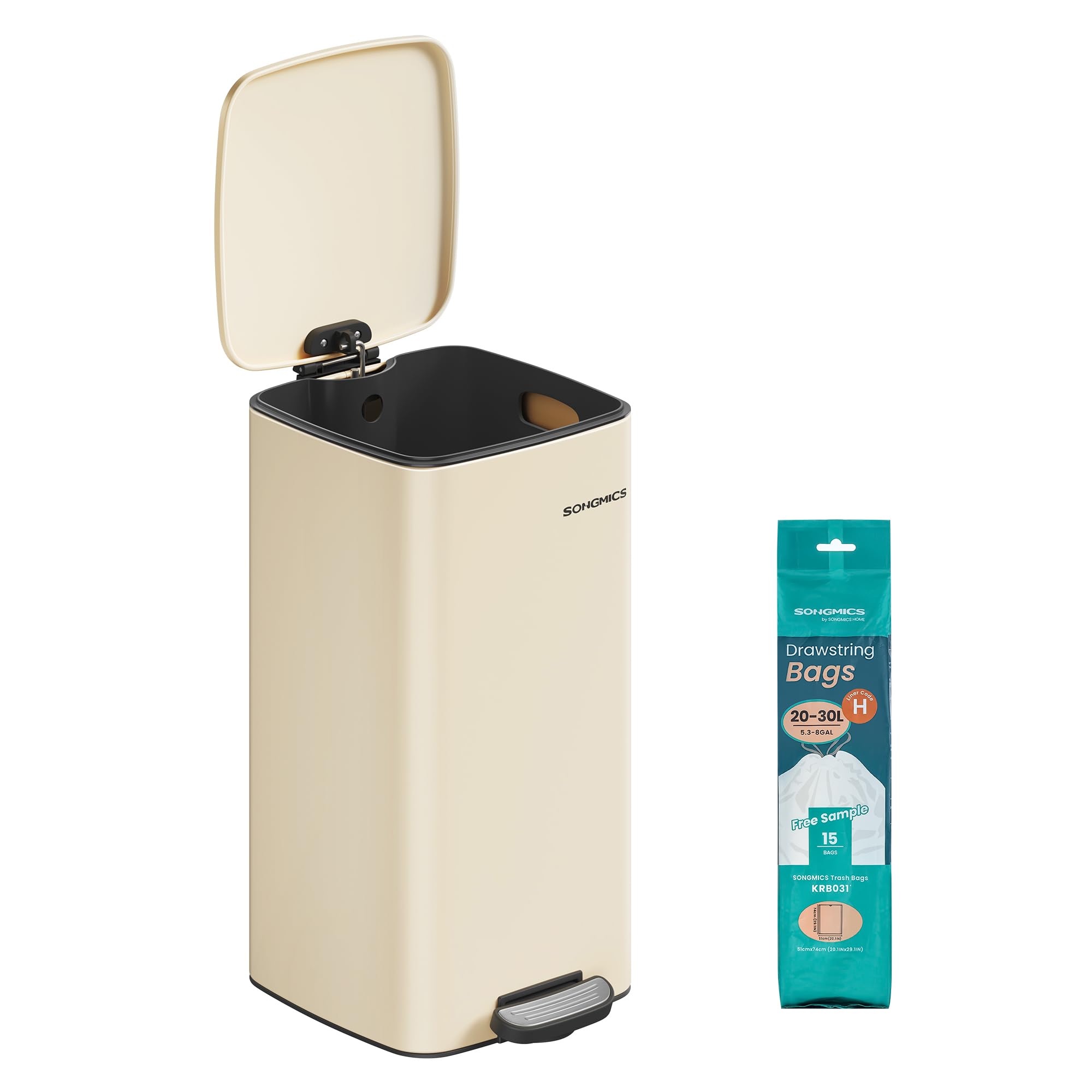 SONGMICS Stainless Steel Pedal Bin - 30L Capacity | Sand Beige | Soft Close 1