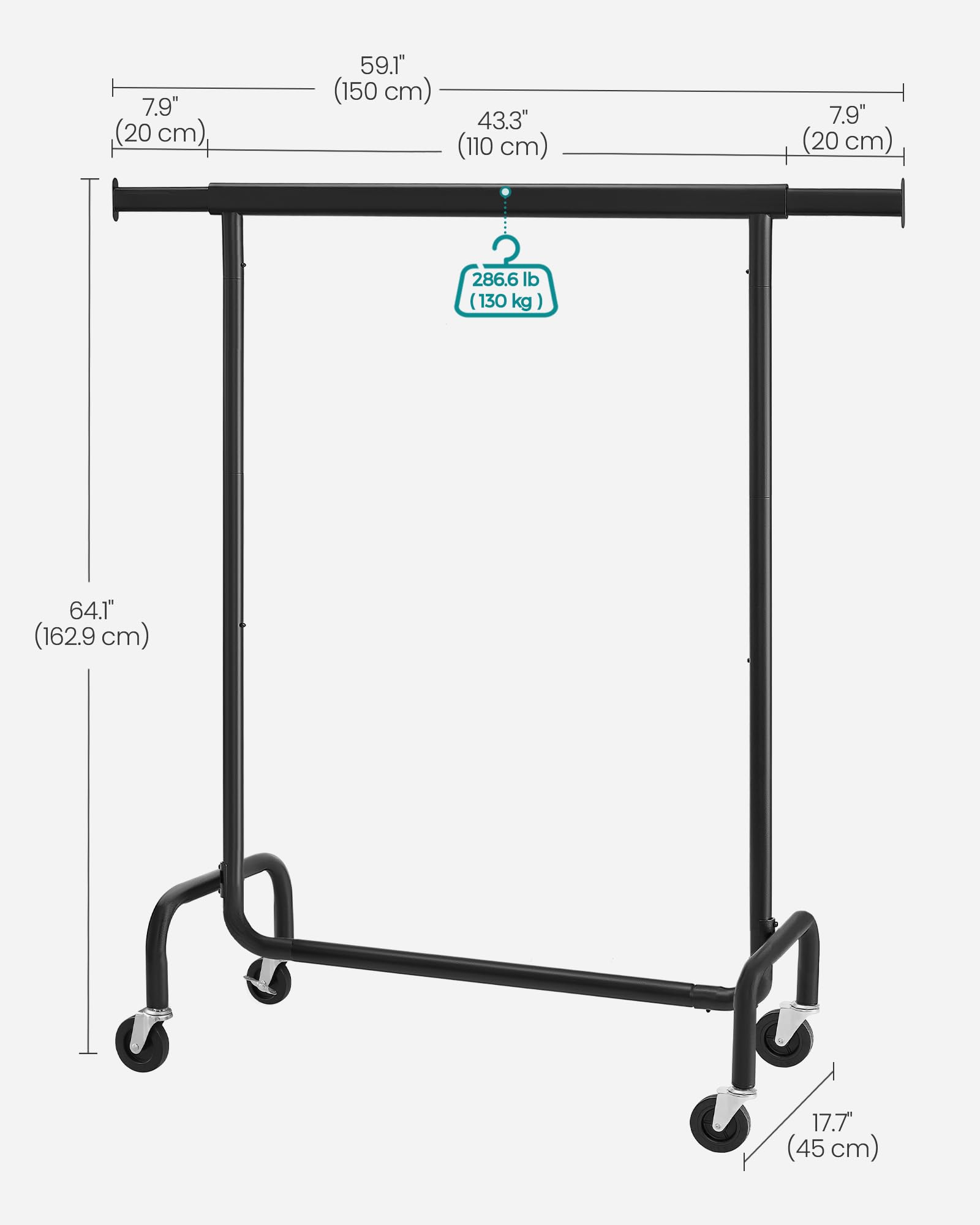 SONGMICS Heavy-Duty Clothes Rack on Wheels - Extendable Rail, 130 kg Capacity | Matte Black 7