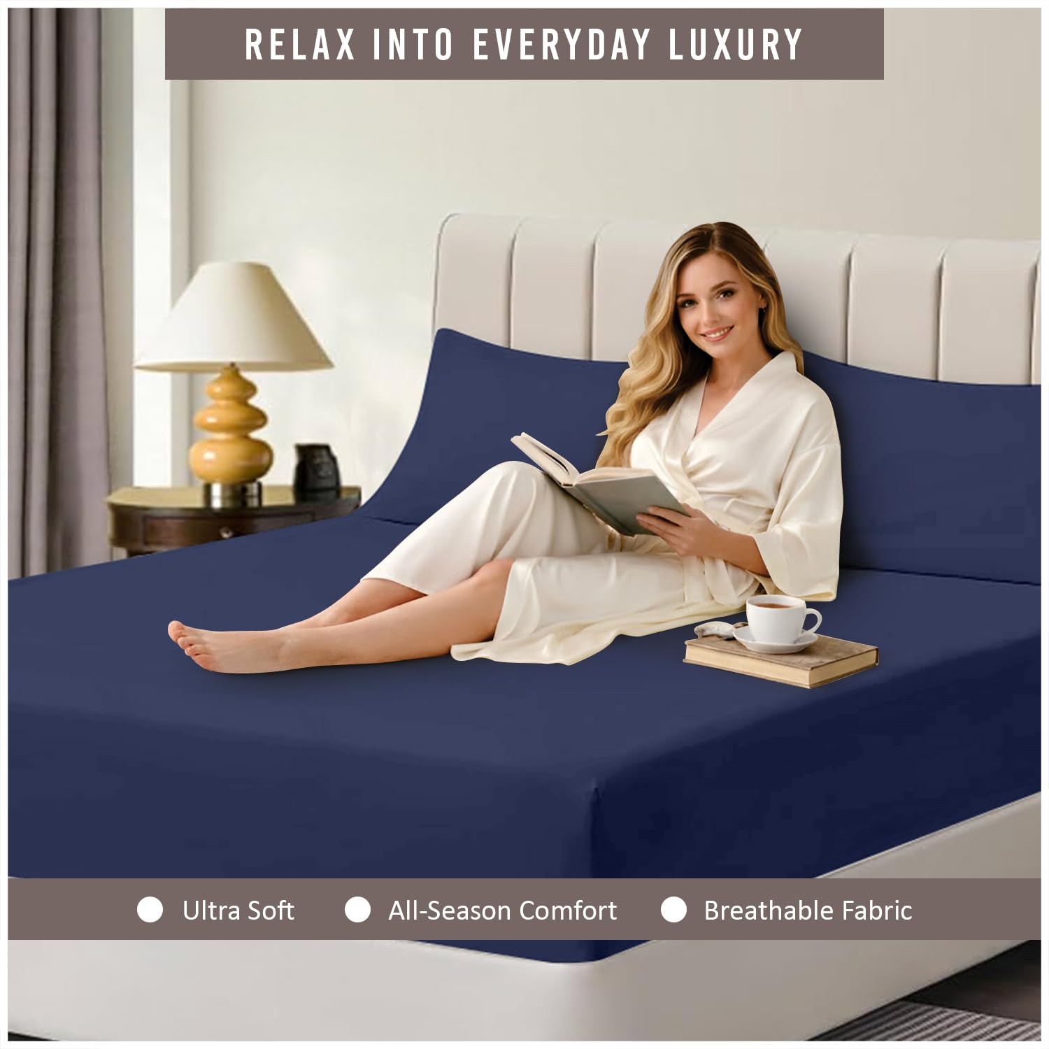 Super Dreamer 100% Polyester Fitted Sheet - Single Bed (91 x 190cm) | Navy | Snug Fit 2