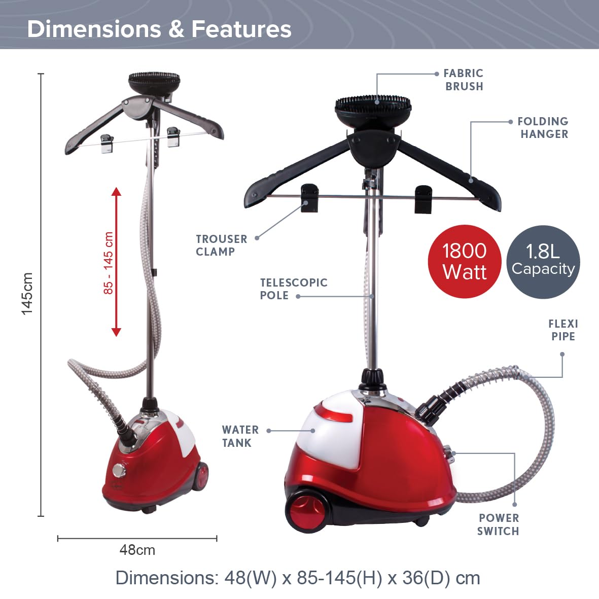 Quest 42320 Upright Garment Steamer - 1800W Power | 1800ml Tank | 45s Heat Up 7