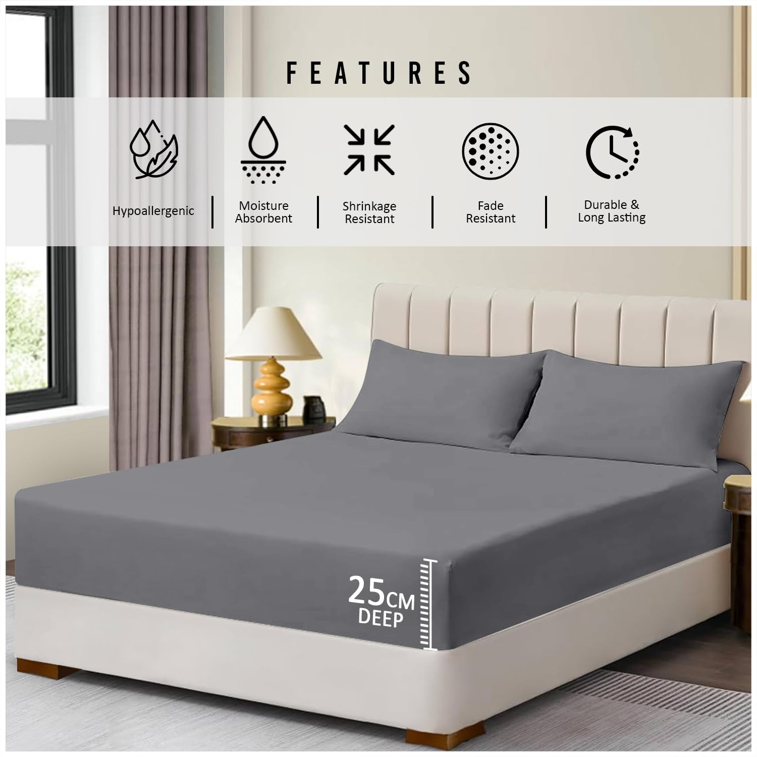 Super Dreamer Microfiber Fitted Sheet - Double Size (137x193 cm) | 100% Polyester | Charcoal 4