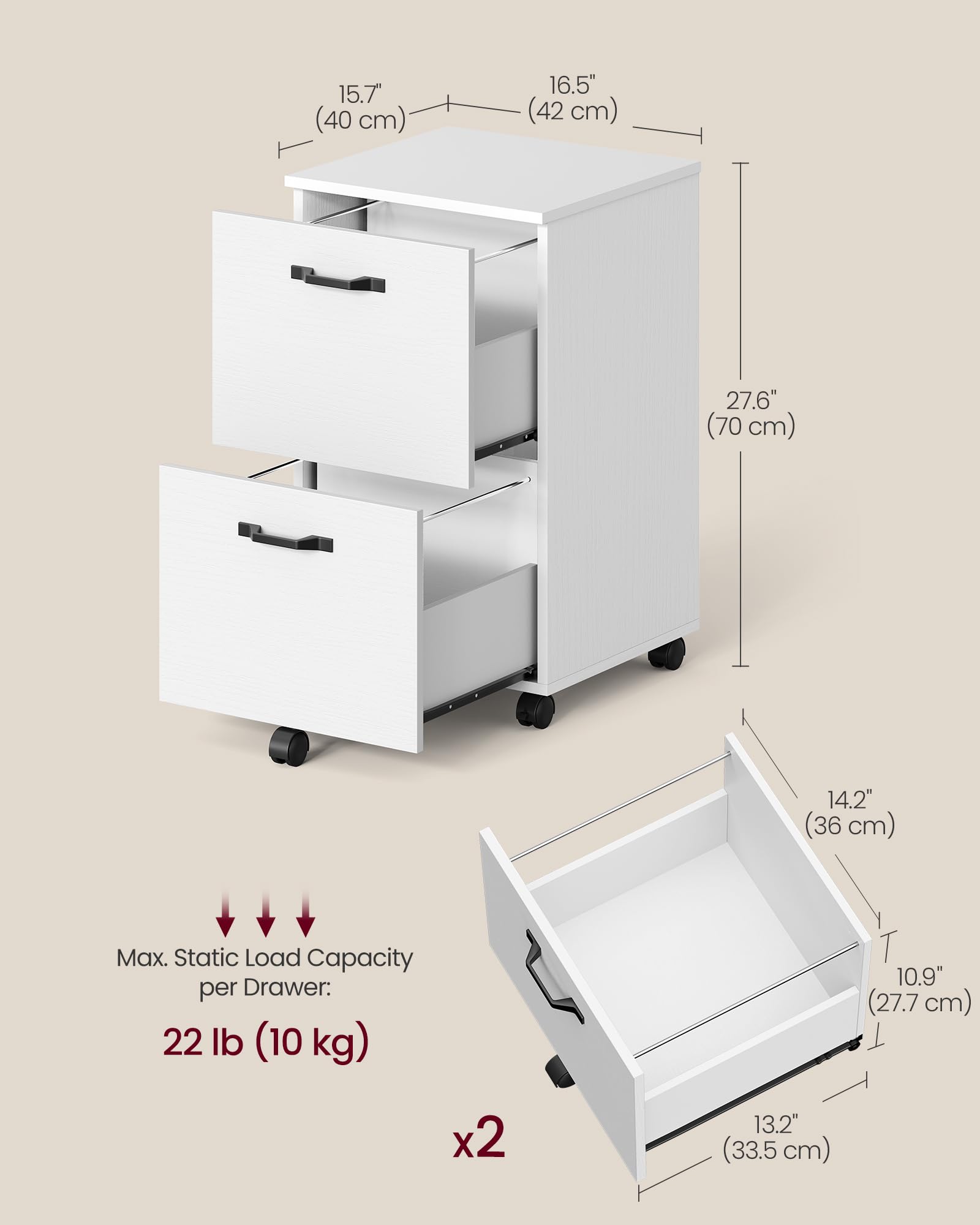 VASAGLE 2-Drawer Mobile File Cabinet - Rolling, Lockable, White | Fits A4/Letter Files 3