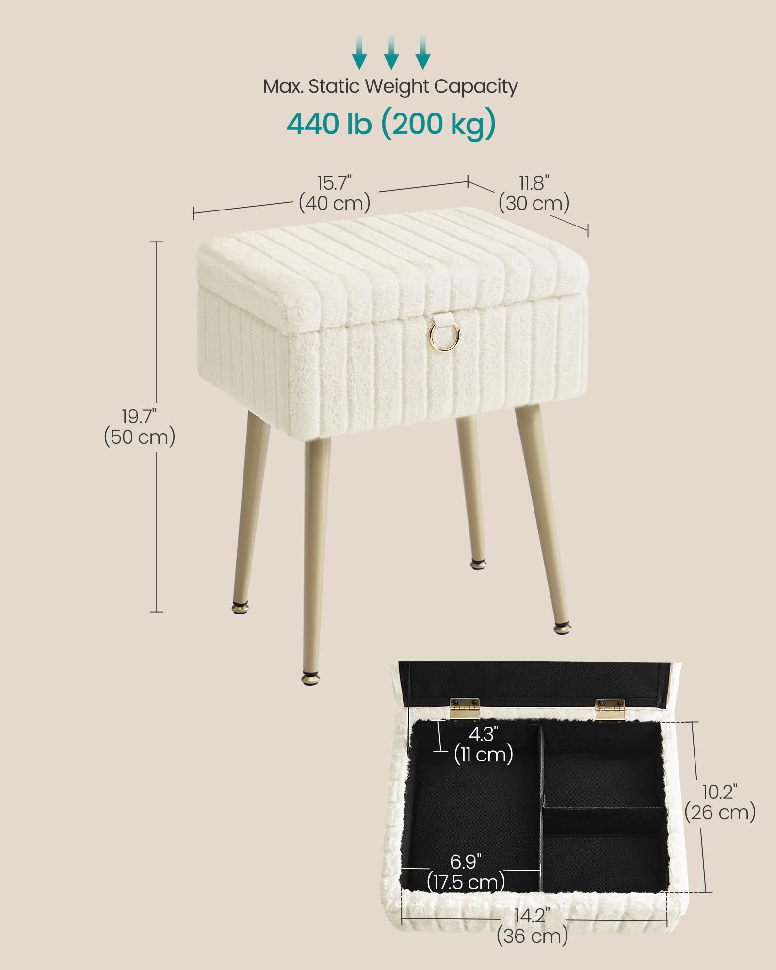 SONGMICS Vanity Stool with Storage - Cream White | 30x40x50 cm | Supports 200 kg 2
