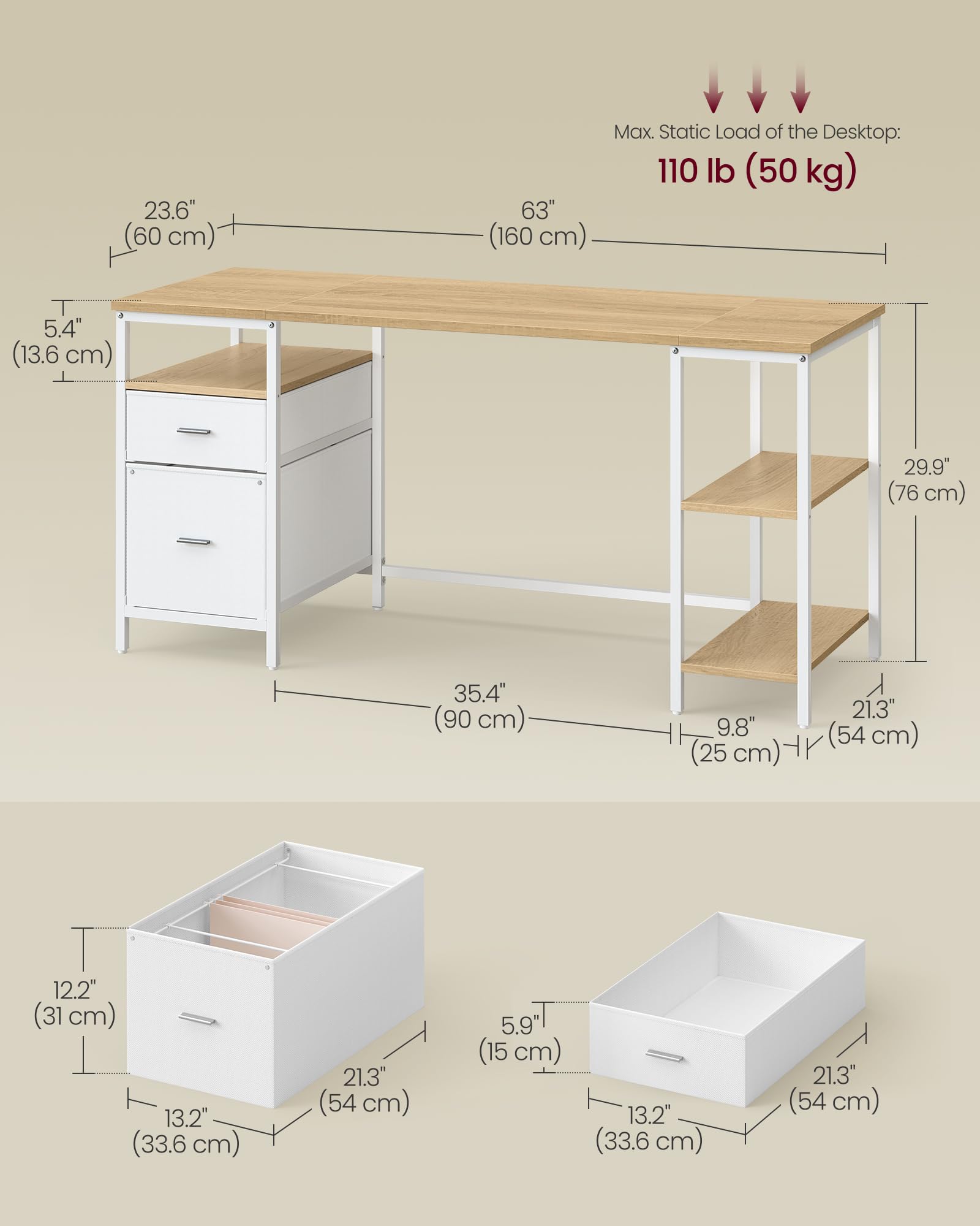 VASAGLE Computer Desk with Storage - 160 x 60 cm Workstation | 3 Shelves, 2 Drawers | Natural Oak + Cloud White 3