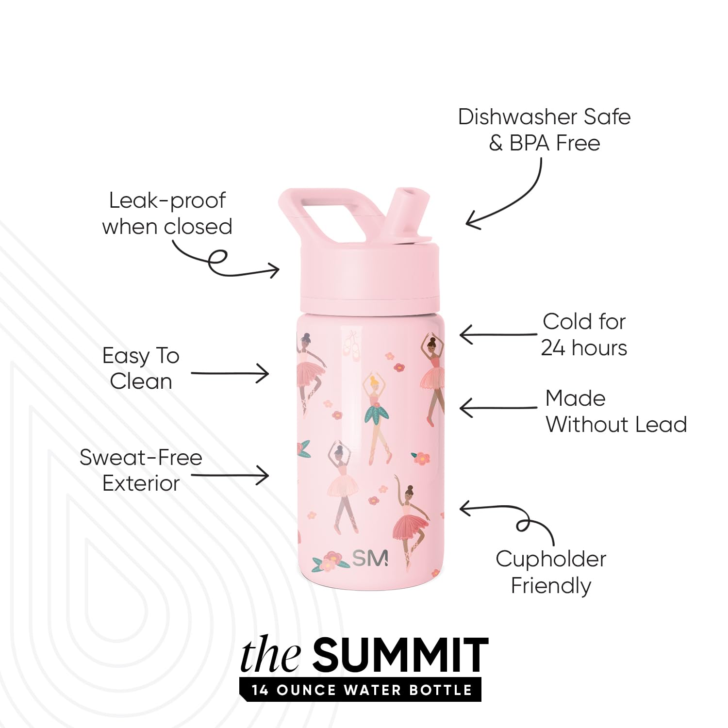 Simple Modern Kids Summit Water Bottle - 414 ml Insulated Stainless Steel with Straw Lid | Pink Ballerina