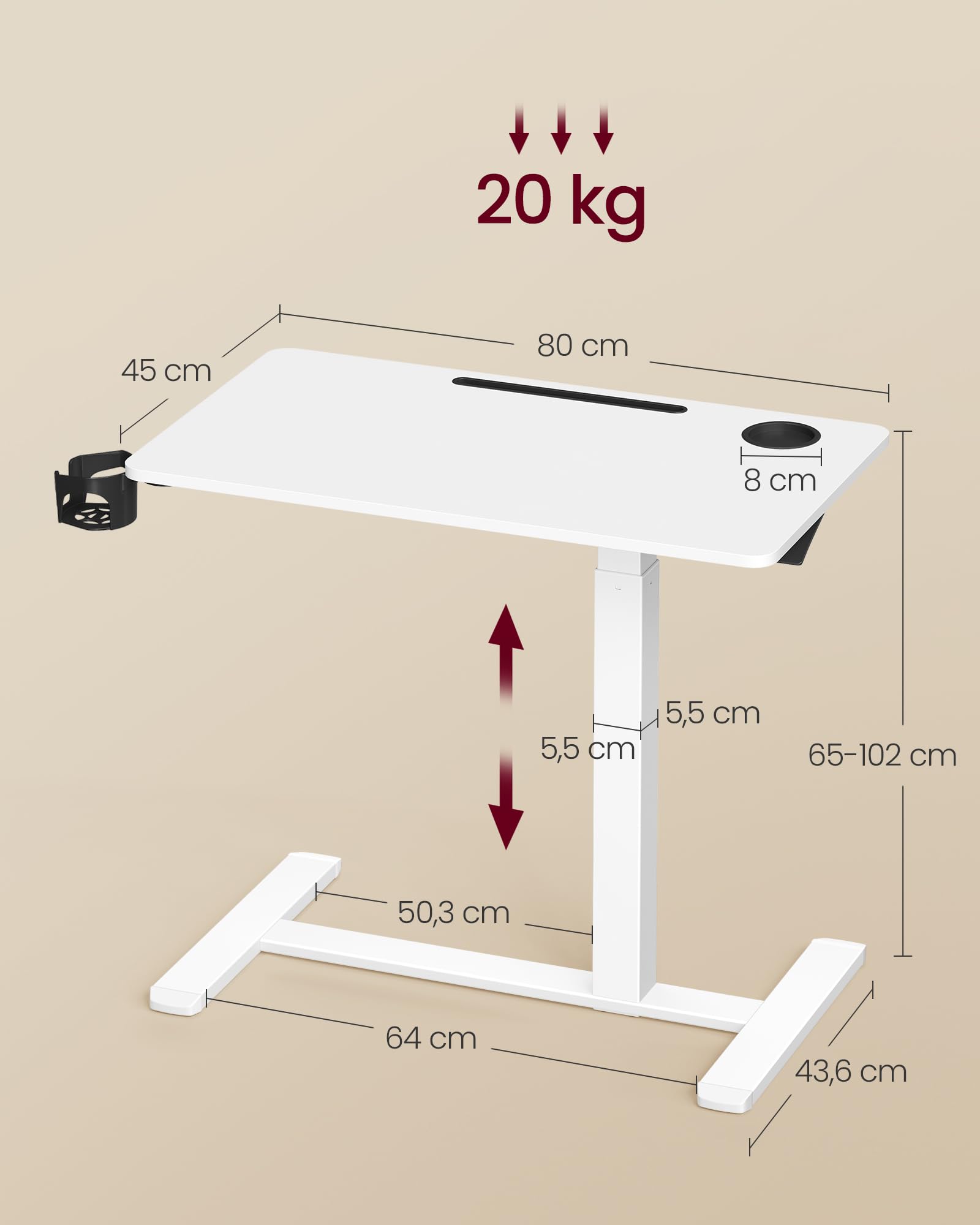 VASAGLE Overbed Table with Wheels - Adjustable Height 65-102 cm | 80 x 45 cm Top | White Engineered Wood 6