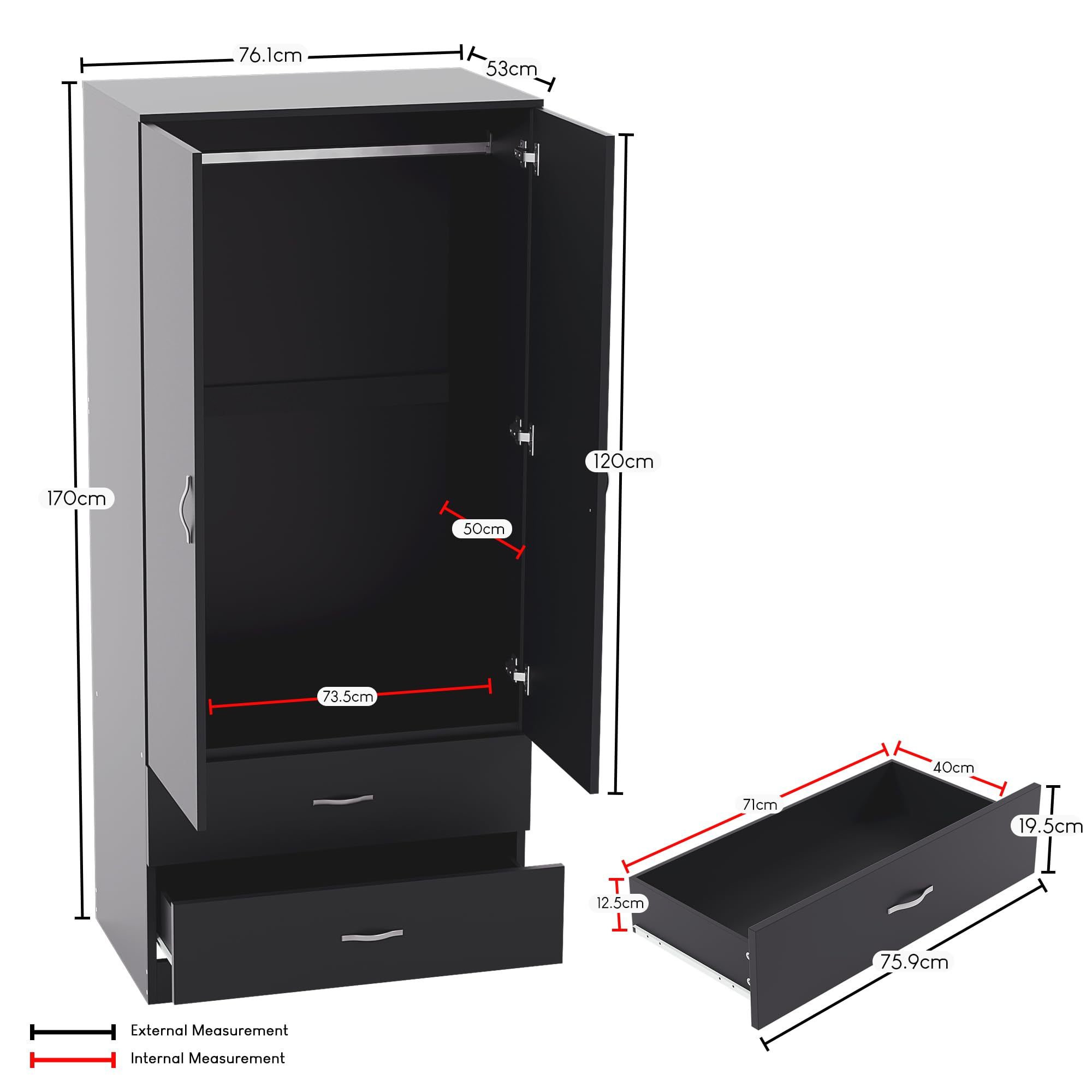 Vida Designs Riano 2 Door Wardrobe - Hanging Rail & Shelf Storage | Engineered Wood | Black 2