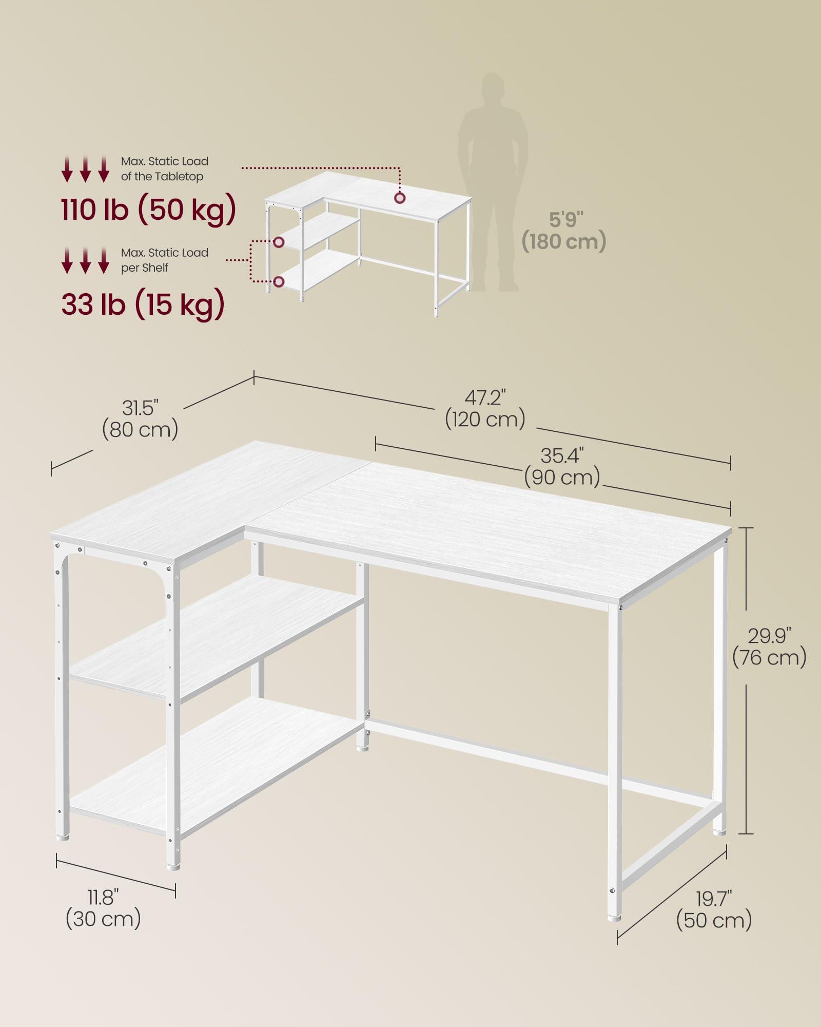VASAGLE L-Shaped Corner Desk with Reversible Storage | Maple White | 120 x 80 cm 3