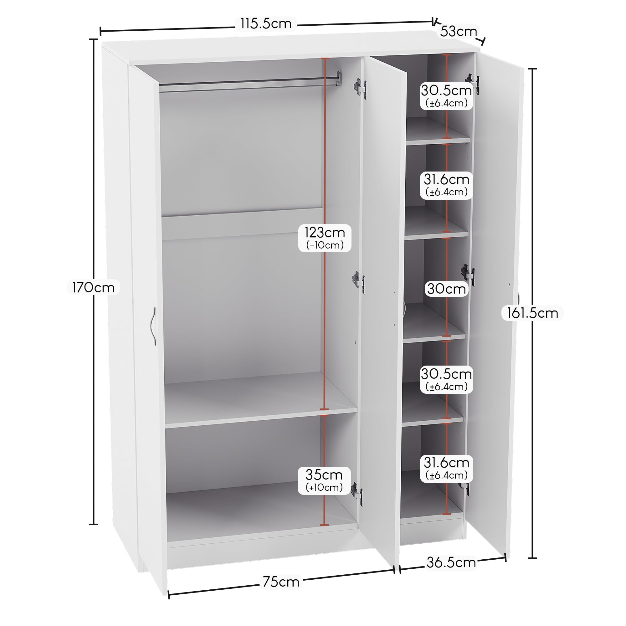 Vida Designs Riano 3 Door Wardrobe - Engineered Wood | H: 170cm | W: 115.4cm | Freestanding 2