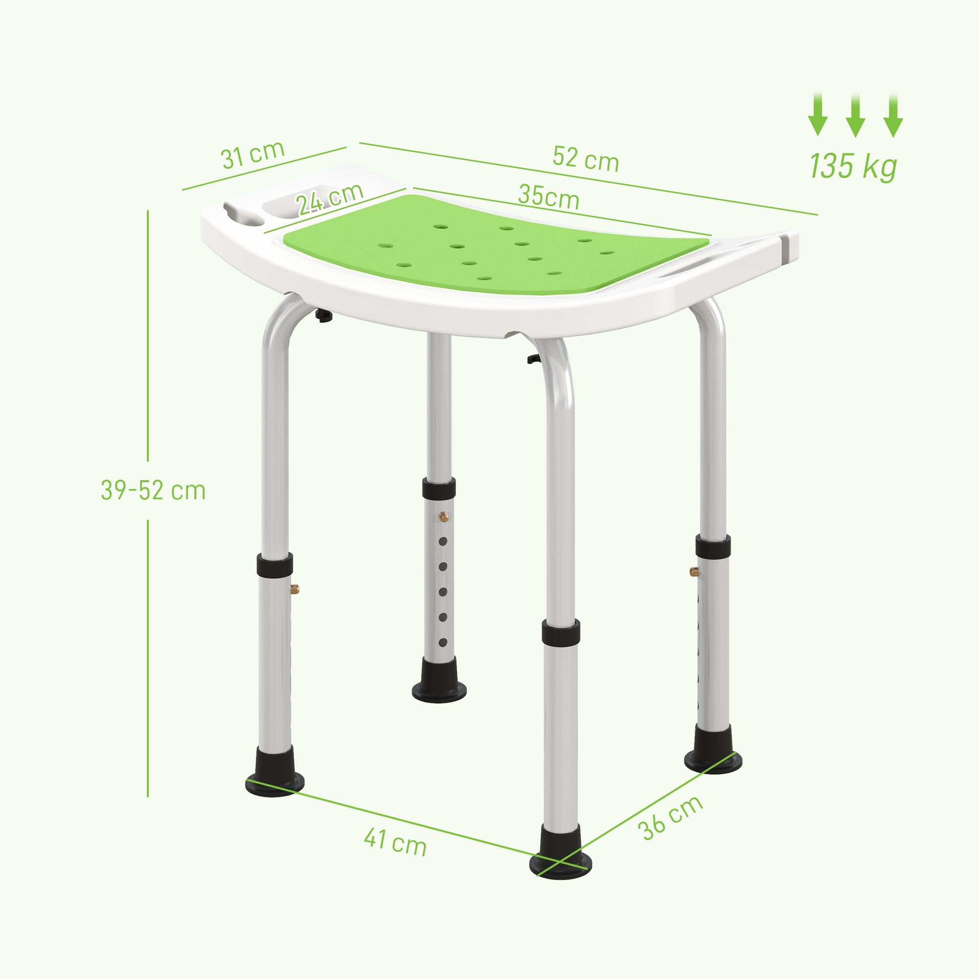 HOMCOM Shower Chair - Adjustable Height (39-52cm) | Aluminium Frame | Max Load 135kg | Green 7