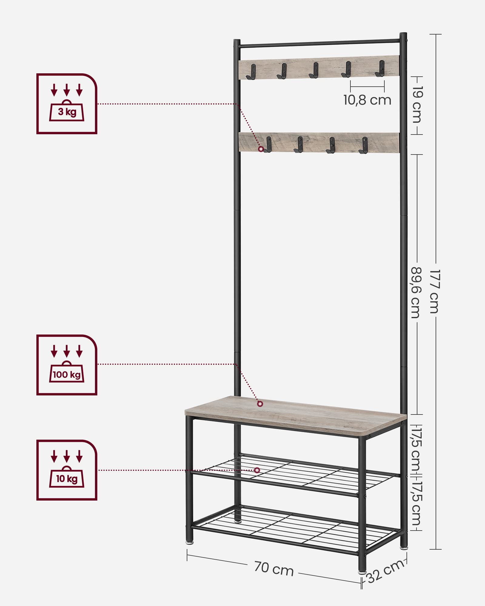 VASAGLE 3-in-1 Coat Stand with Shoe Rack and Bench | Grey + Black | 175cm Height 7