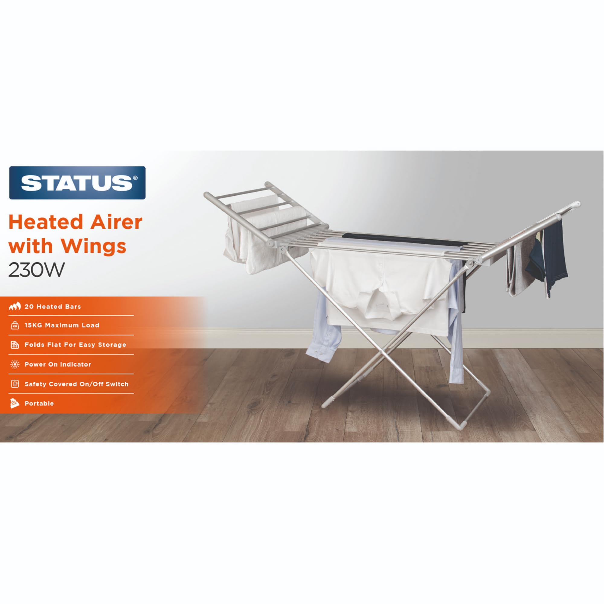 Status 230W Heated Winged Clothes Airer - Foldable Aluminium, 15kg Capacity | Silver 7