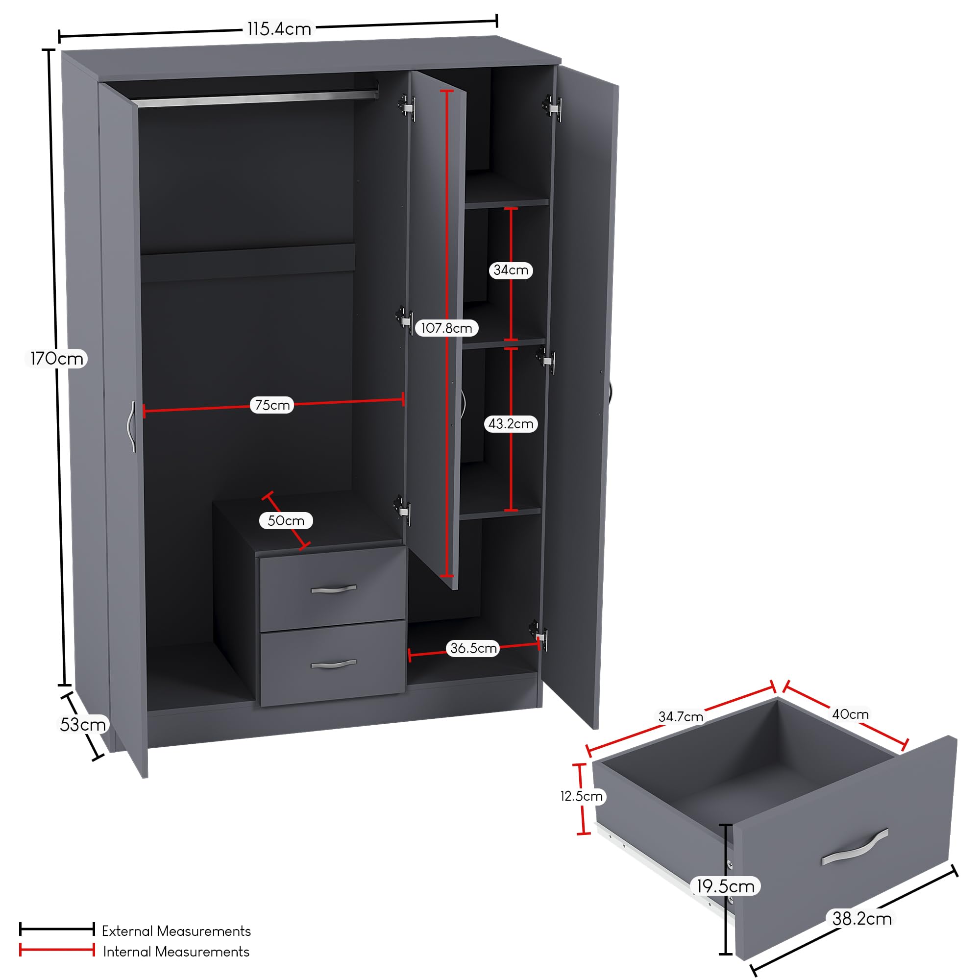 Vida Designs Riano Wardrobe - MDF/Chipboard Construction | Hanging Rail & Shelf | H170 x W115.4 cm 2