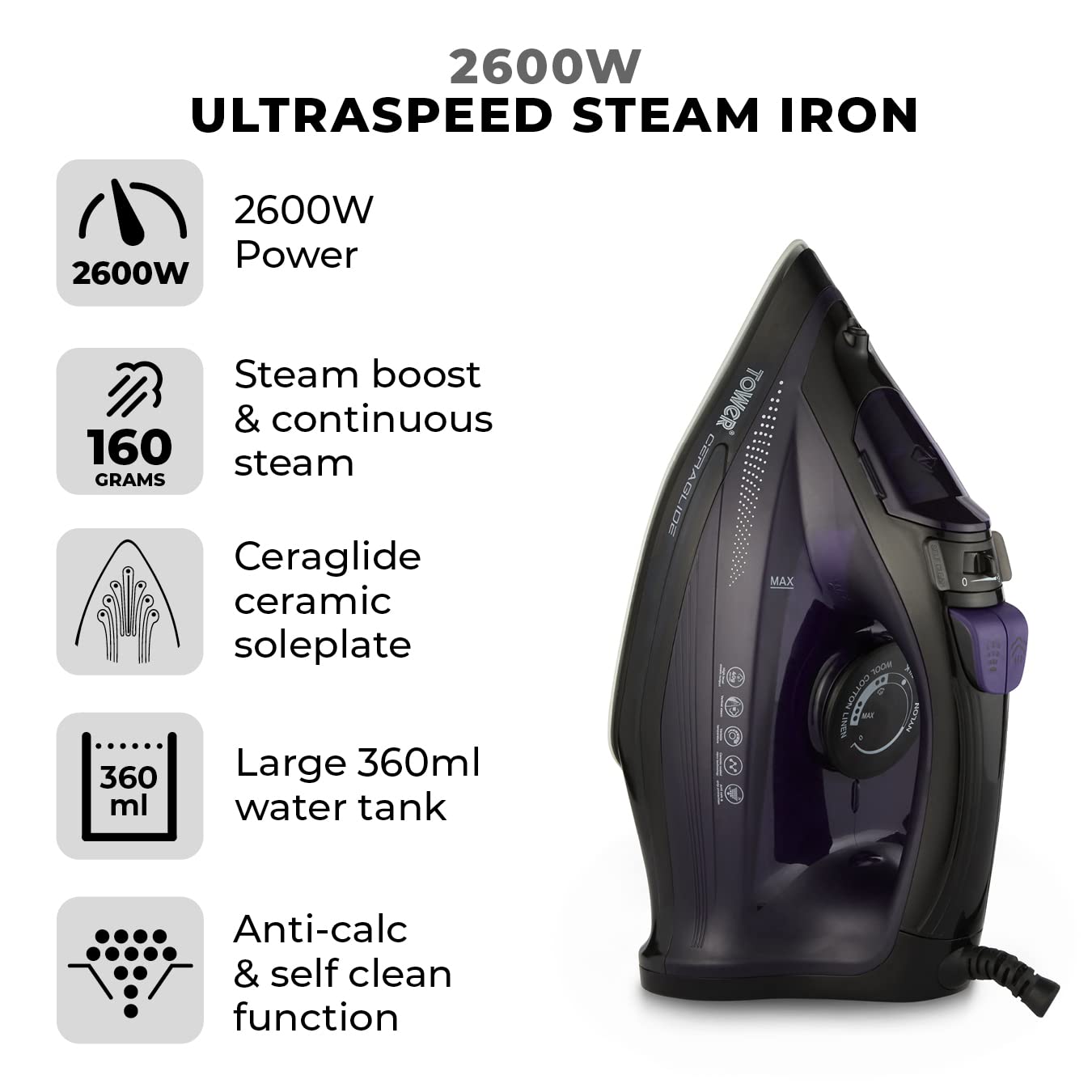 Tower CeraGlide T22011 Steam Iron - 2600W Power | 160g Steam Boost | Ceramic Soleplate 2
