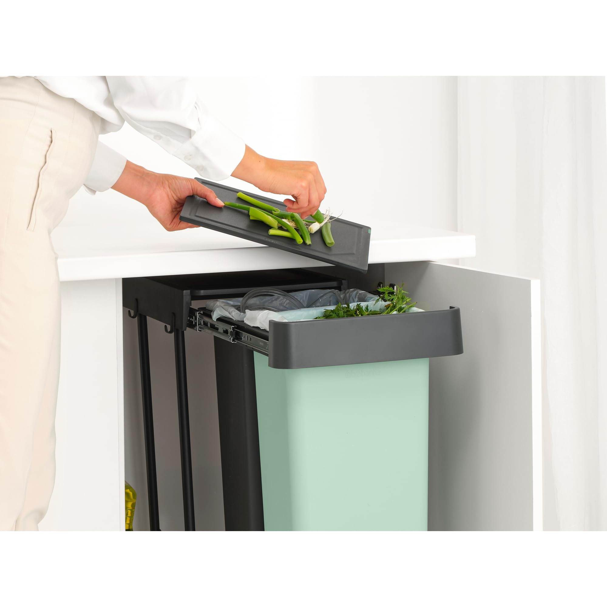 Brabantia Sort & Go Pull Out Bin - Dual 30L Capacity | Built-in Under Sink | Grey/Green 7