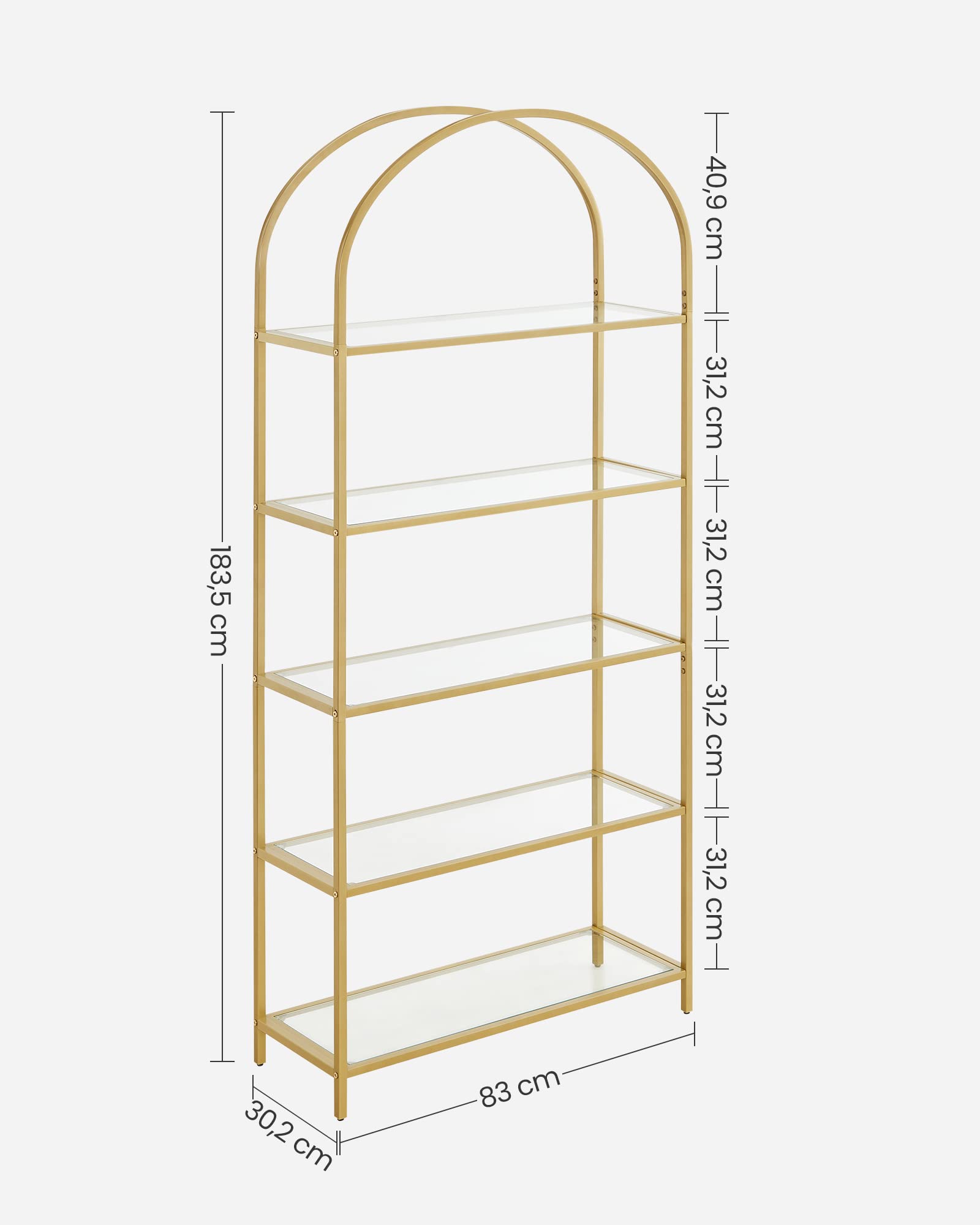 VASAGLE 5 Tier Shelving Unit - Tempered Glass Shelves | Gold Steel Frame | 83W cm 3