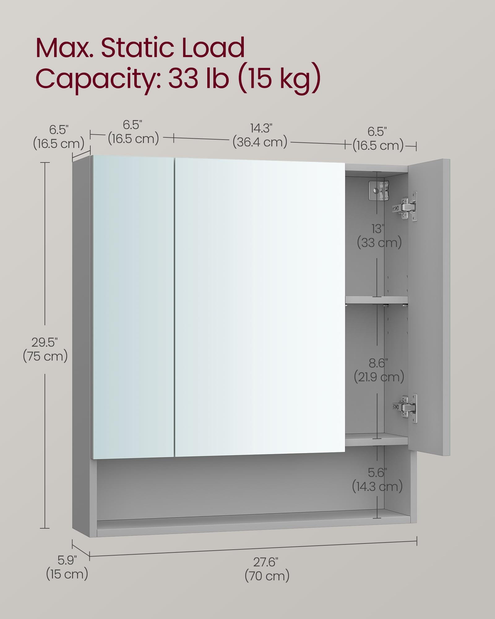 VASAGLE KAILYN Bathroom Mirror Cabinet - Dove Grey | 70W cm | Adjustable Shelves 3
