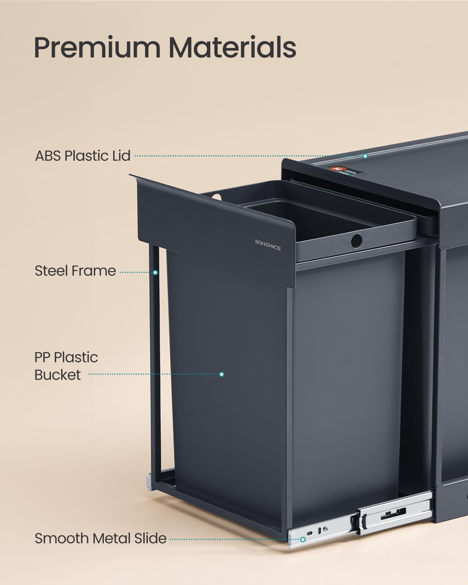SONGMICS Built-in Kitchen Waste Separation System - 2 x 20L Bins | Grey | Alloy Steel Frame 6
