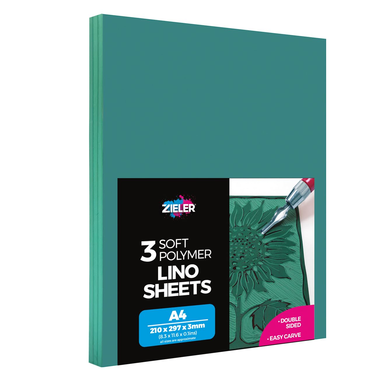 Zieler A4 Double-Sided Soft Lino Block Sheets - Easy Carve Polymer for Relief Printing | Pack of 3 1