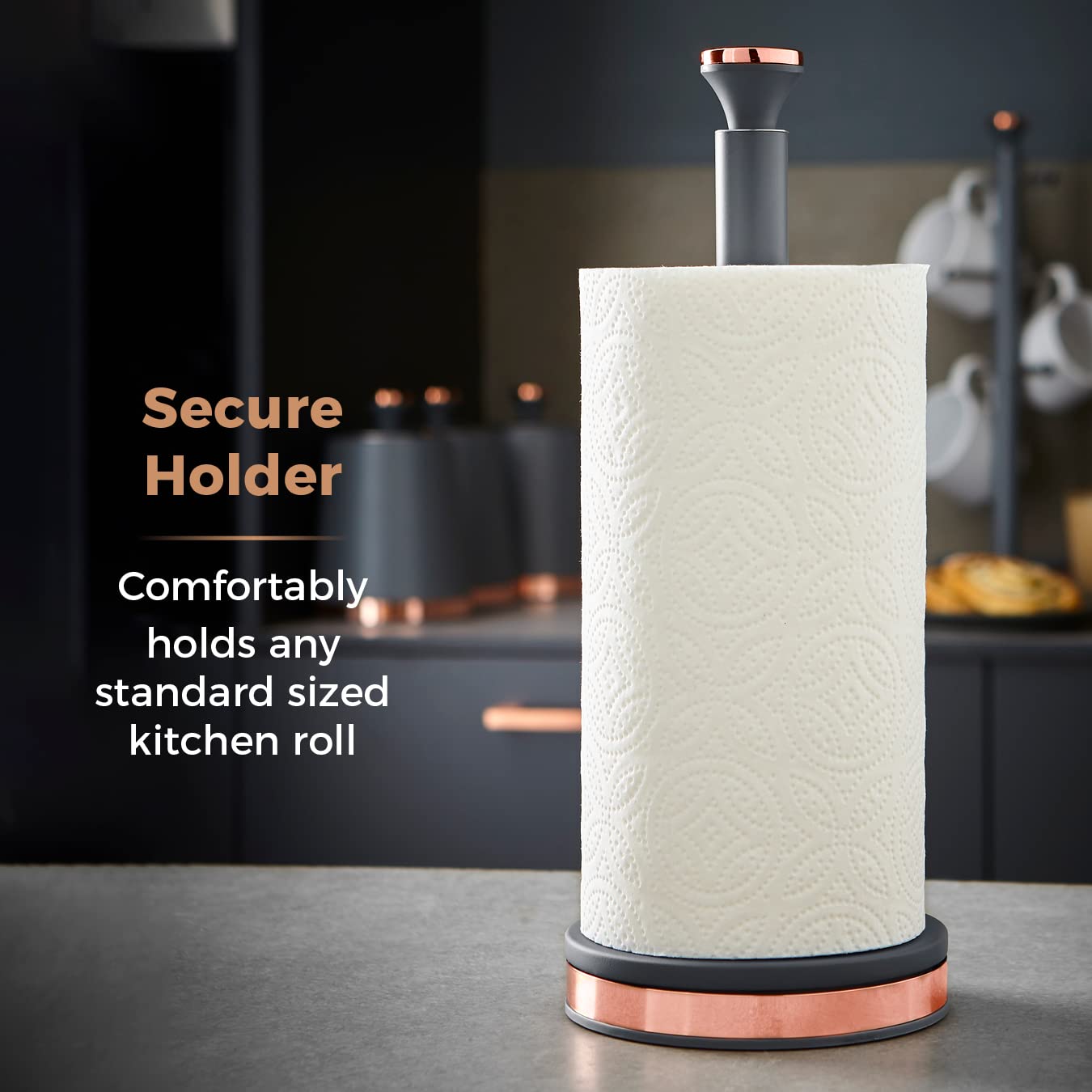 Tower Cavaletto Metal Paper Towel Holder - Stable Base | Fits Standard Rolls | Grey/Rose Gold 5