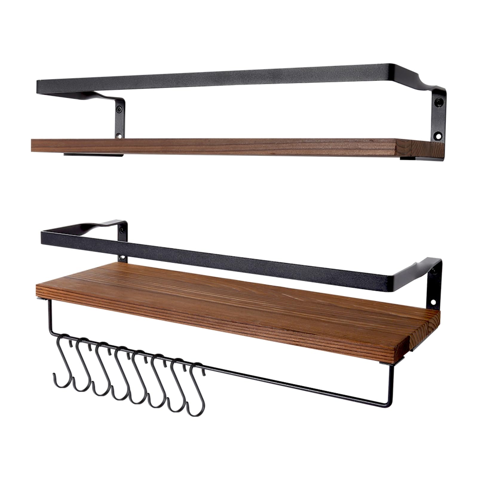 AGM Floating Shelves Wall Mounted Set of 2 Wooden Shelves Rustic Brown w/ Hooks & Towel Bar