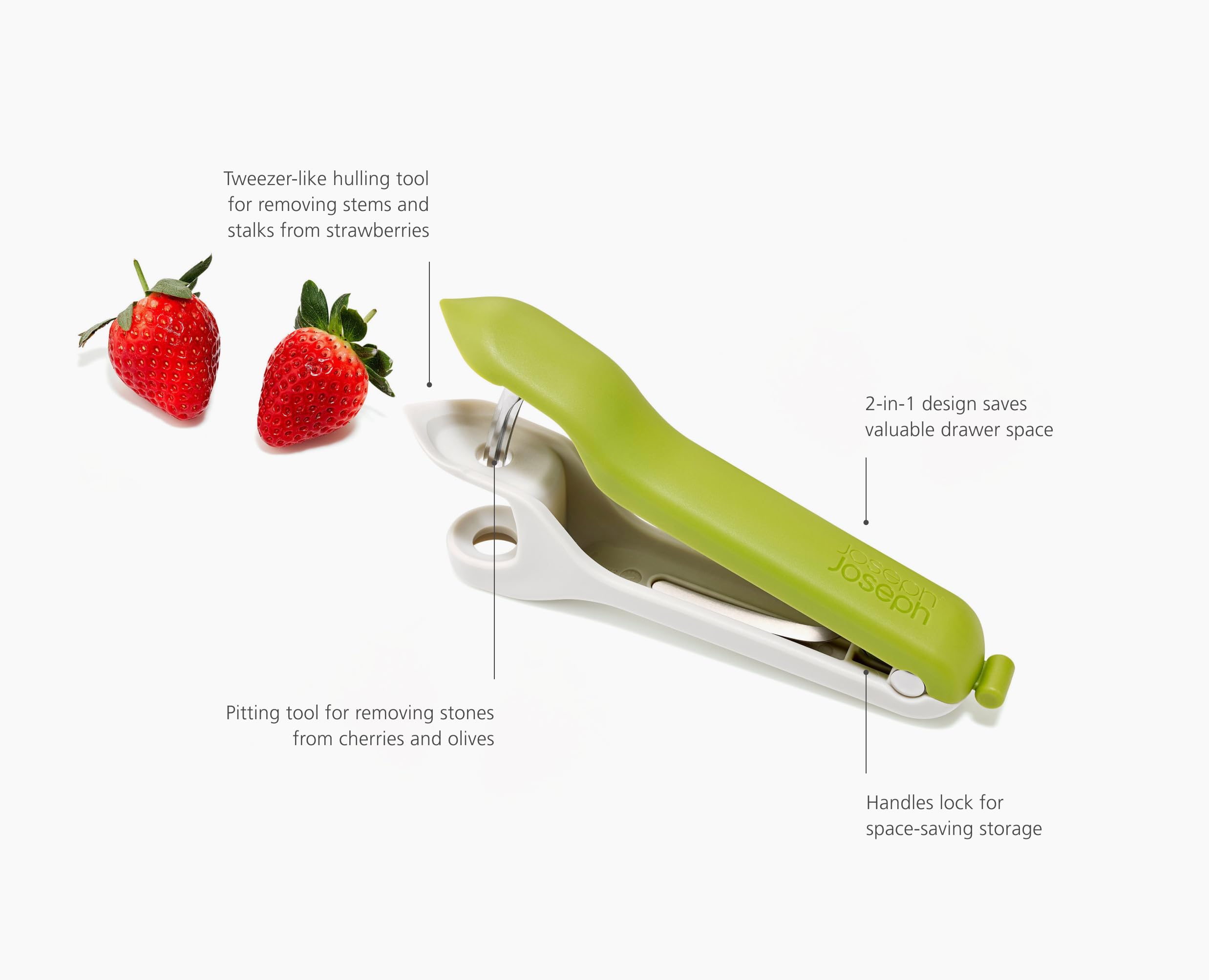 Joseph Joseph Tweezy 2-in-1 Cherry Olive Pitter and Strawberry Huller | Plastic | Stone/Green 5