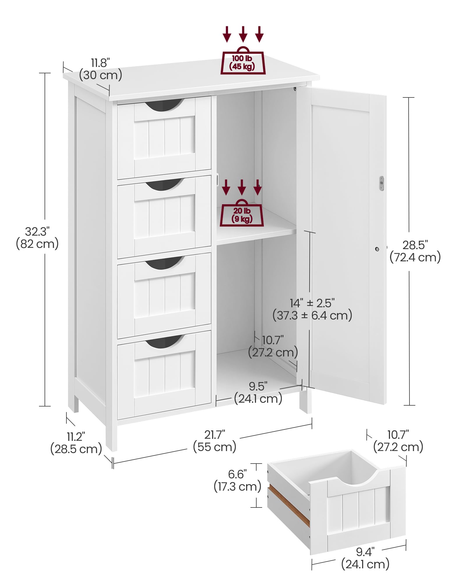 VASAGLE Bathroom Floor Storage Cabinet - 4 Drawers | Adjustable Shelf | Cloud White 3