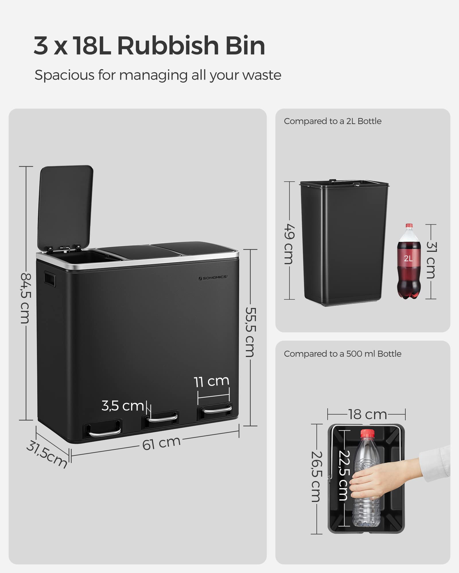 SONGMICS Kitchen Bin - 3 Compartment Recycling System, 54L Total (3 x 18L) | Soft-Close Lids | Steel 7