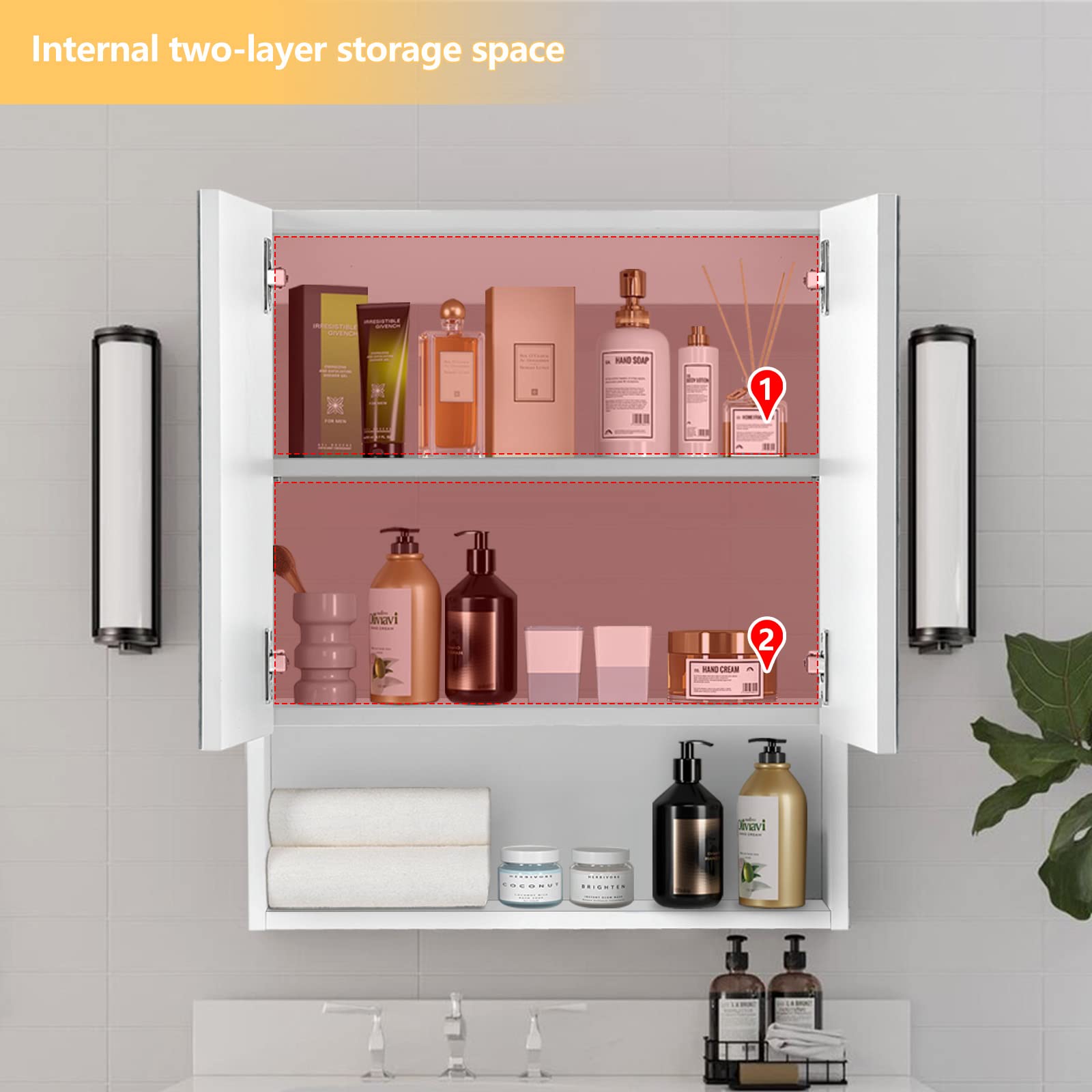 TUKAILAi 2-Door Wall Mounted Bathroom Mirror Cabinet with Adjustable Shelves | White | 50x60x13cm 5