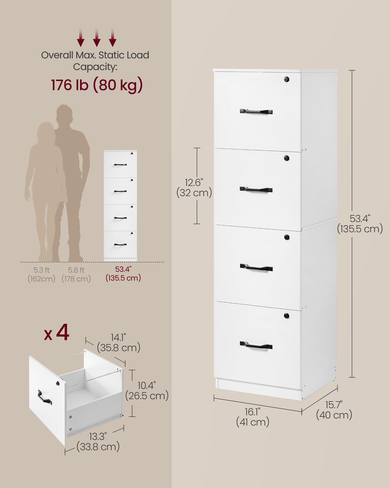 VASAGLE Vertical File Cabinet - 4 Lockable Drawers | A4 & Letter Size | Cloud White 3