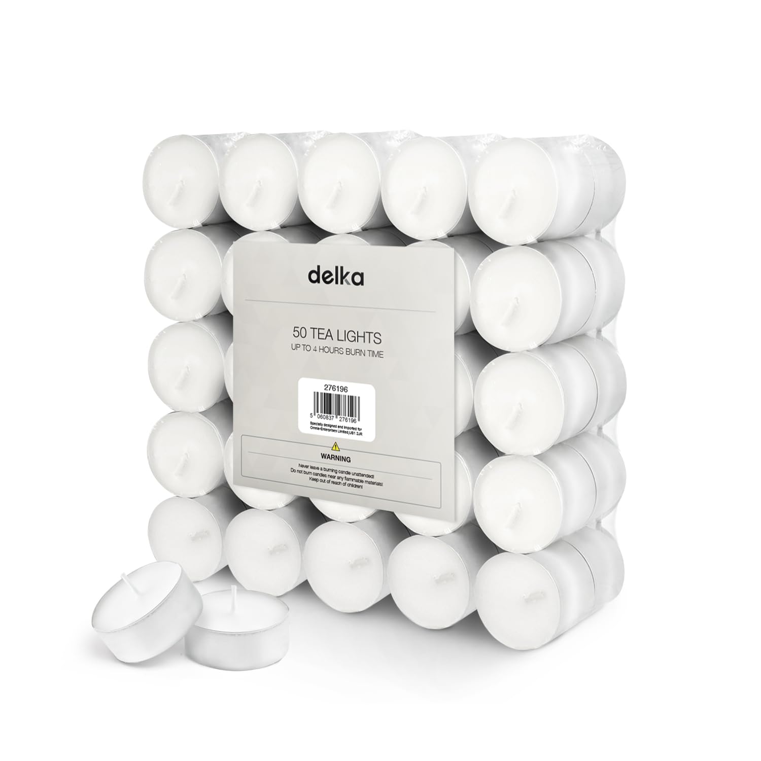 delka Unscented Tea Lights - 4 Hour Burn Time, Smoke-Free | 50 Pack White Wax