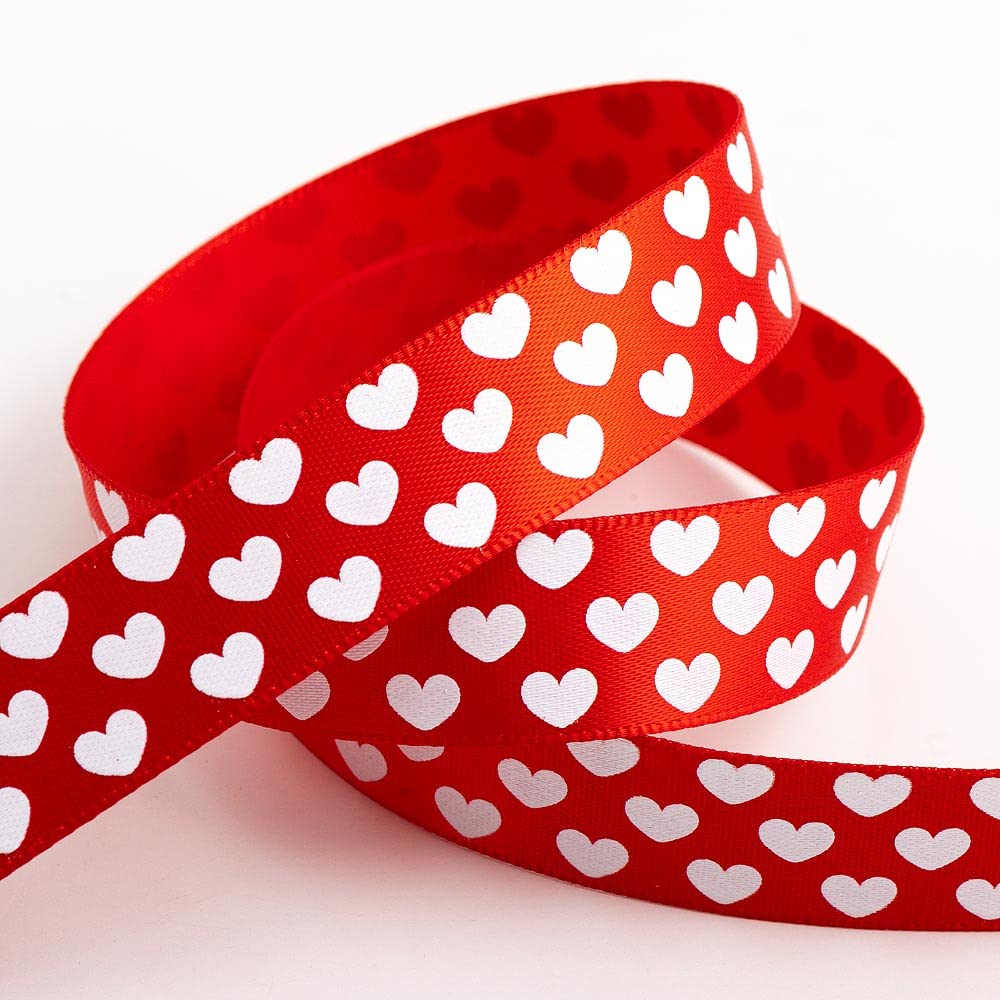 Italian Options Red Satin Ribbon with White Mini Hearts - 16mm x 5M | Polyester 1