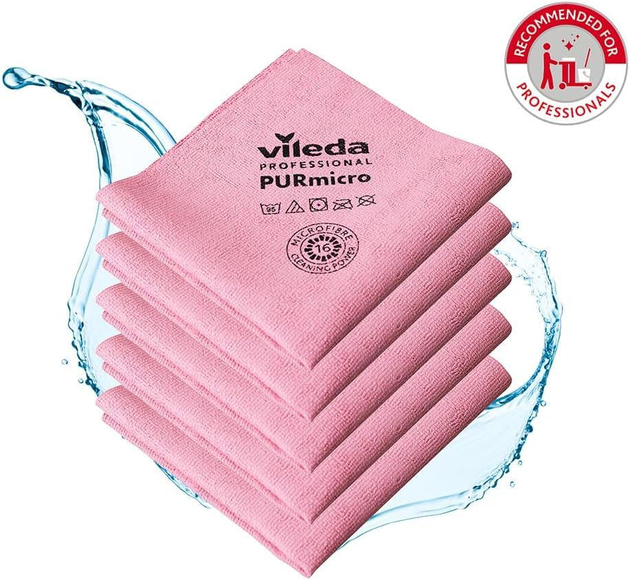 Vileda Professional PURmicro Active Microfibre Cleaning Cloth - Red, 5 Pack | Streak-Free | Reusable 200 Washes 2