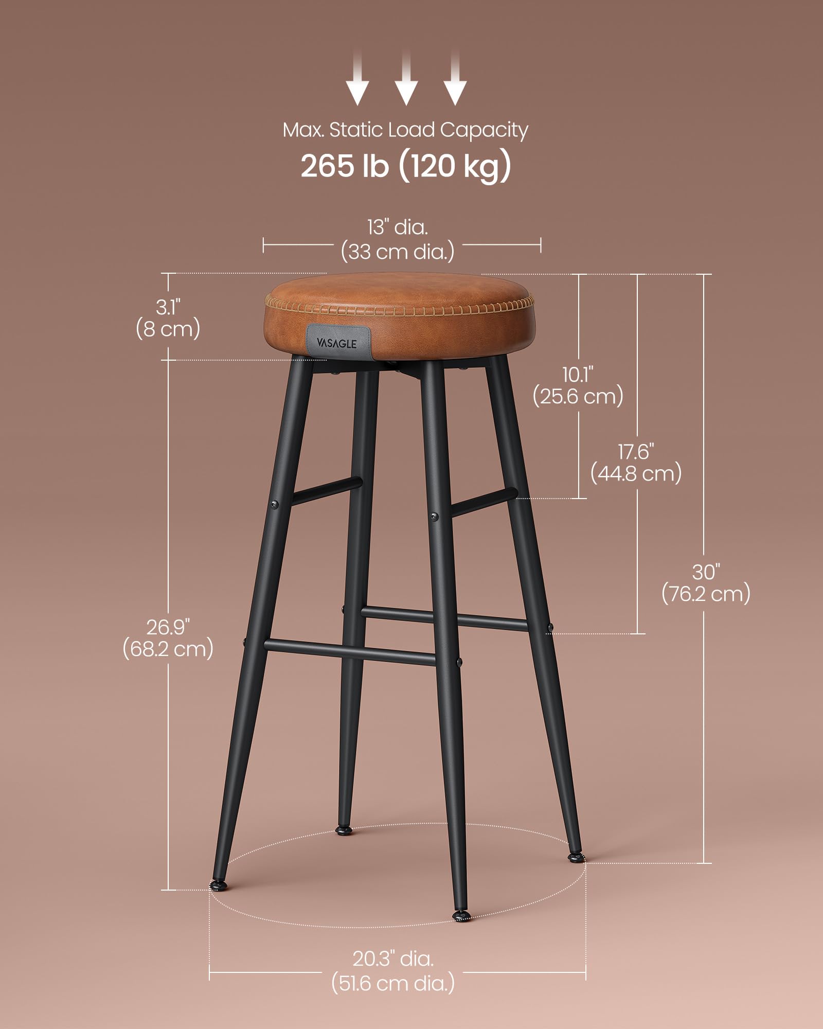 VASAGLE EKHO Collection Bar Stools Set of 2 - Caramel Brown | 51.6cm D x 76.2cm H 3