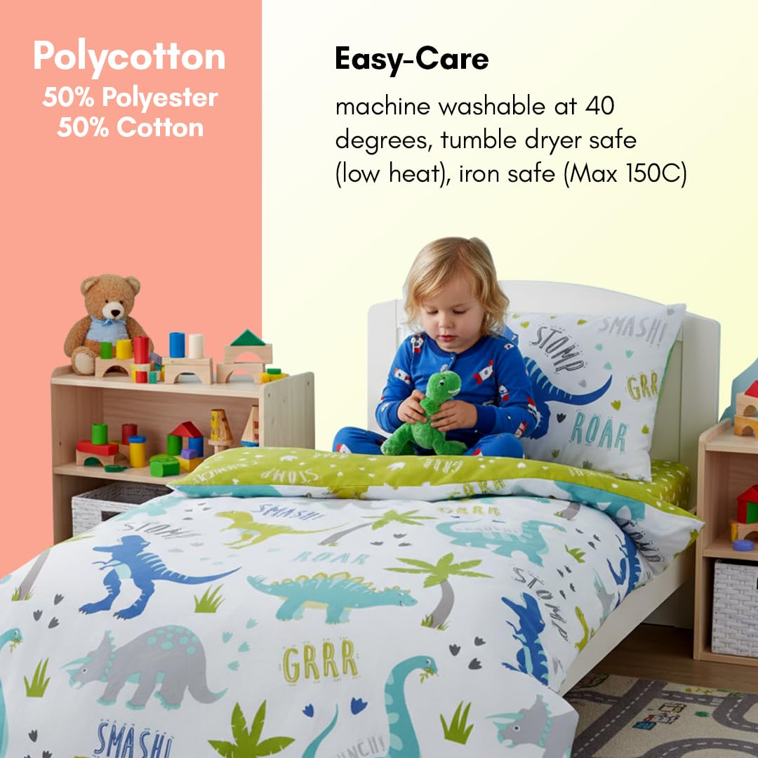 Rapport Home Roarsome Dinosaur Duvet Cover Set | Toddler Size | Reversible | 50% Cotton/50% Polyester 2